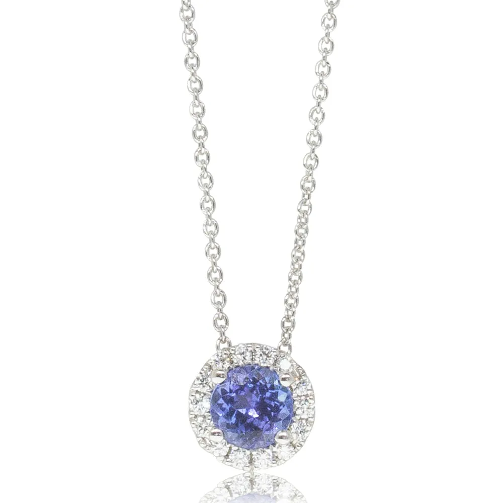 18ct White Gold Tanzanite & Diamond Halo Pendant