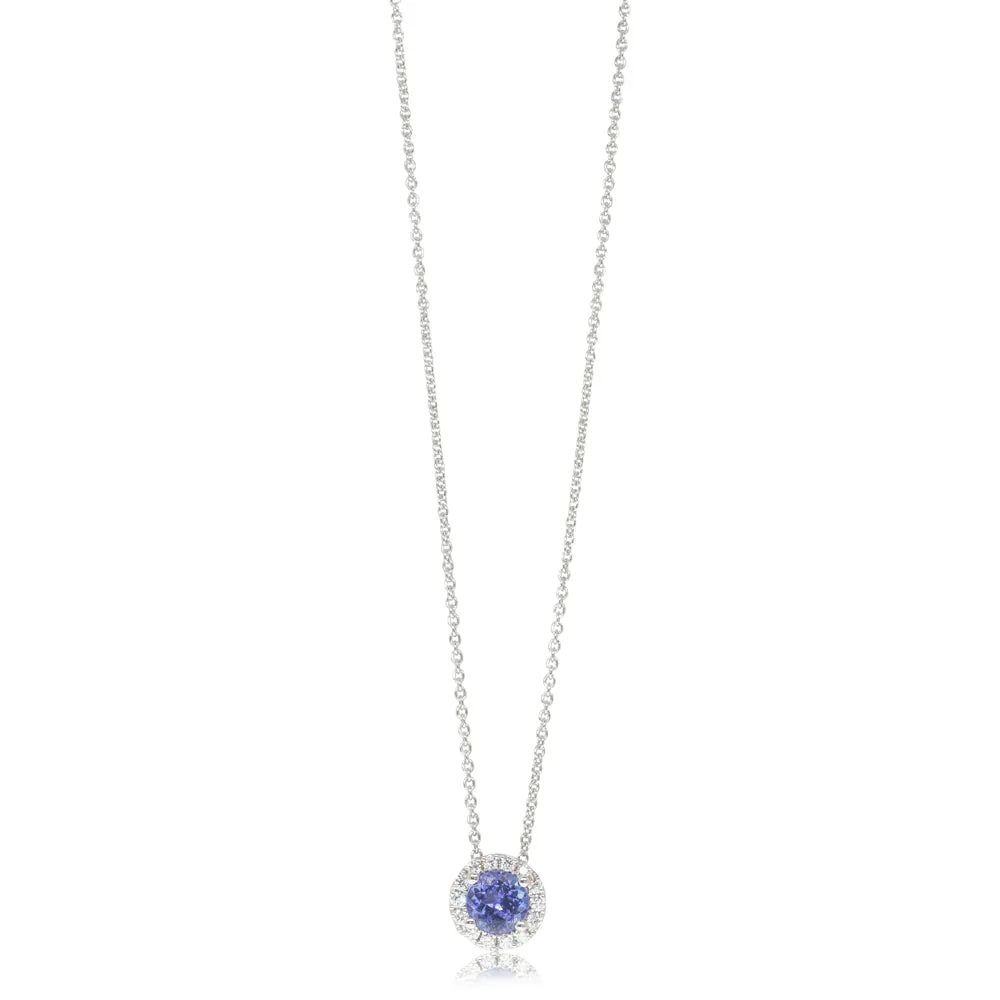 18ct White Gold Tanzanite & Diamond Halo Pendant