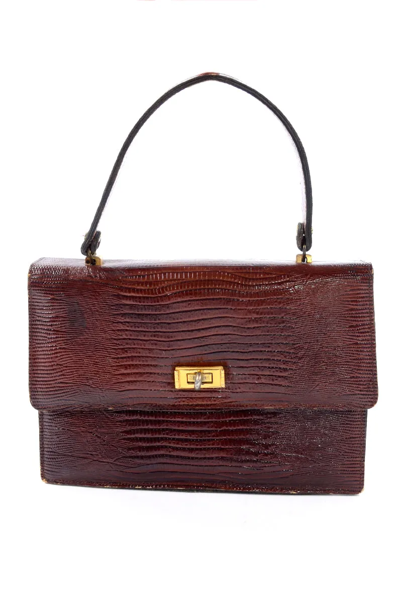 1960s Reptile Embossed Brown Leather Structured Handbag