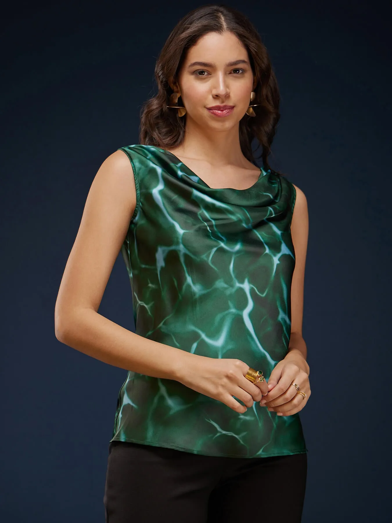 Abstract Print Satin Cowl Neck Top - Green