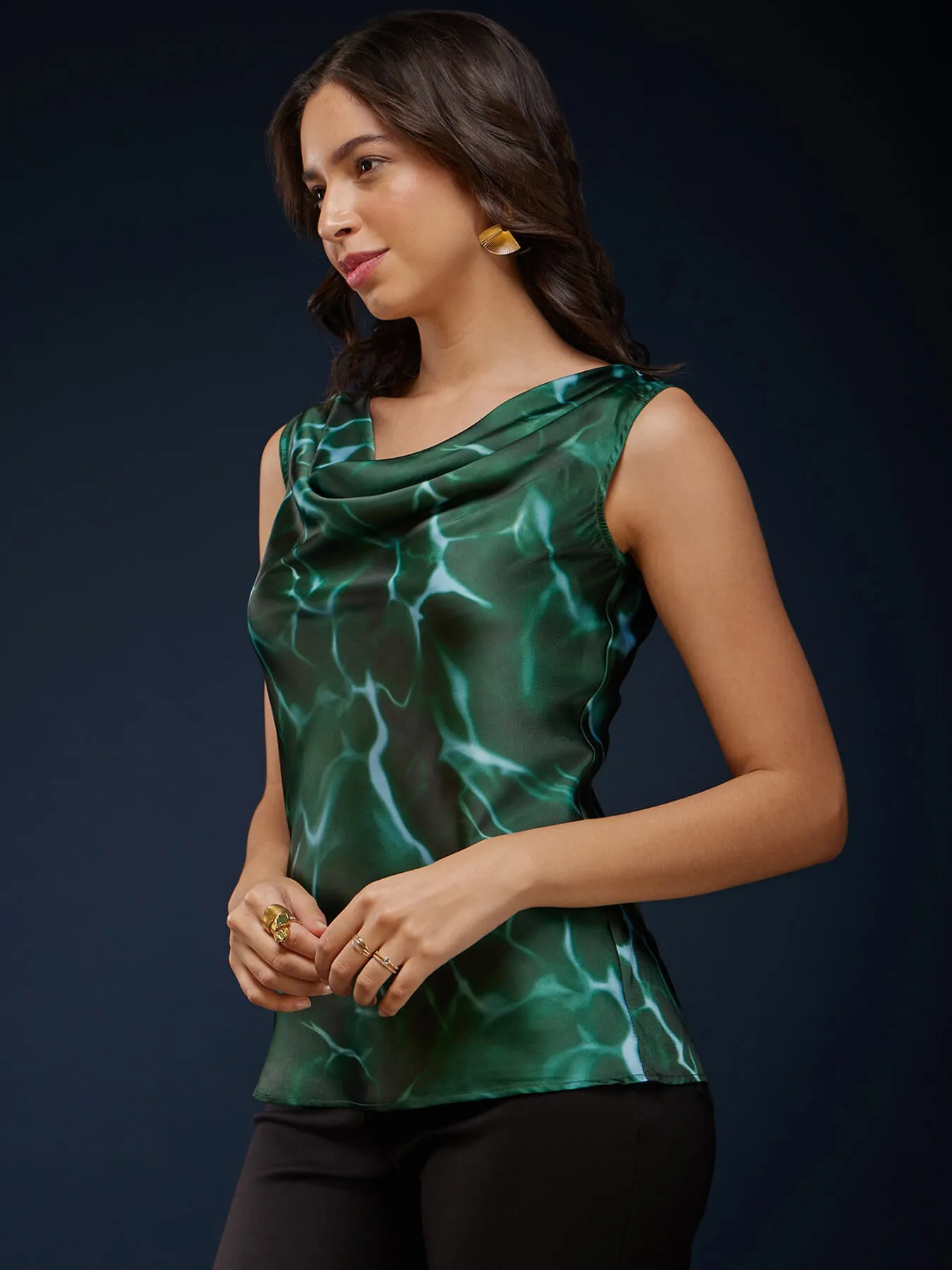 Abstract Print Satin Cowl Neck Top - Green