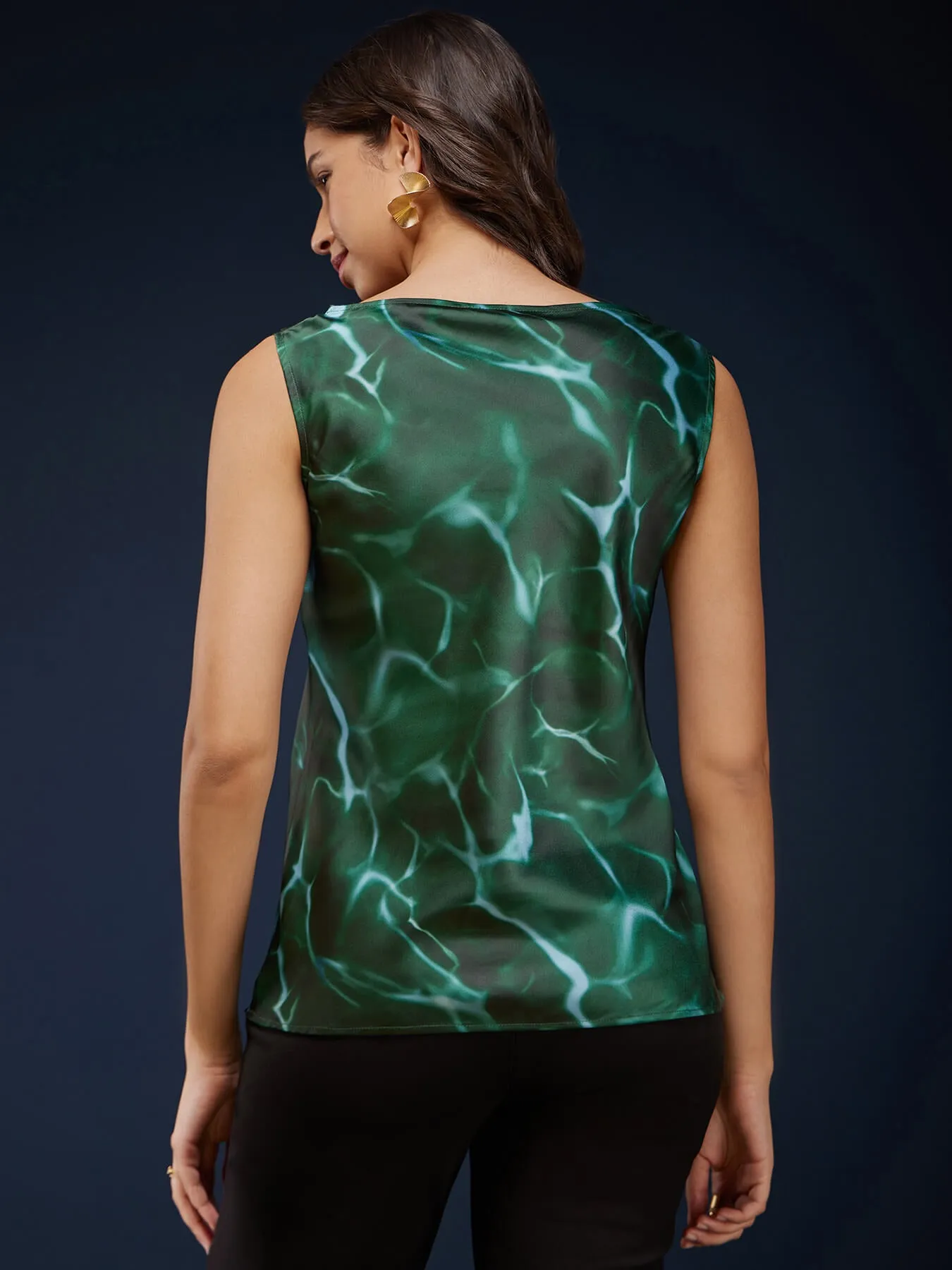 Abstract Print Satin Cowl Neck Top - Green