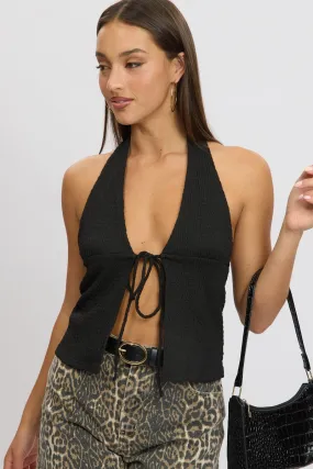 Black Textured Top Halter Neck Tie Up Front