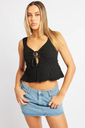 Black Tie Front Top Sleeveless Textured