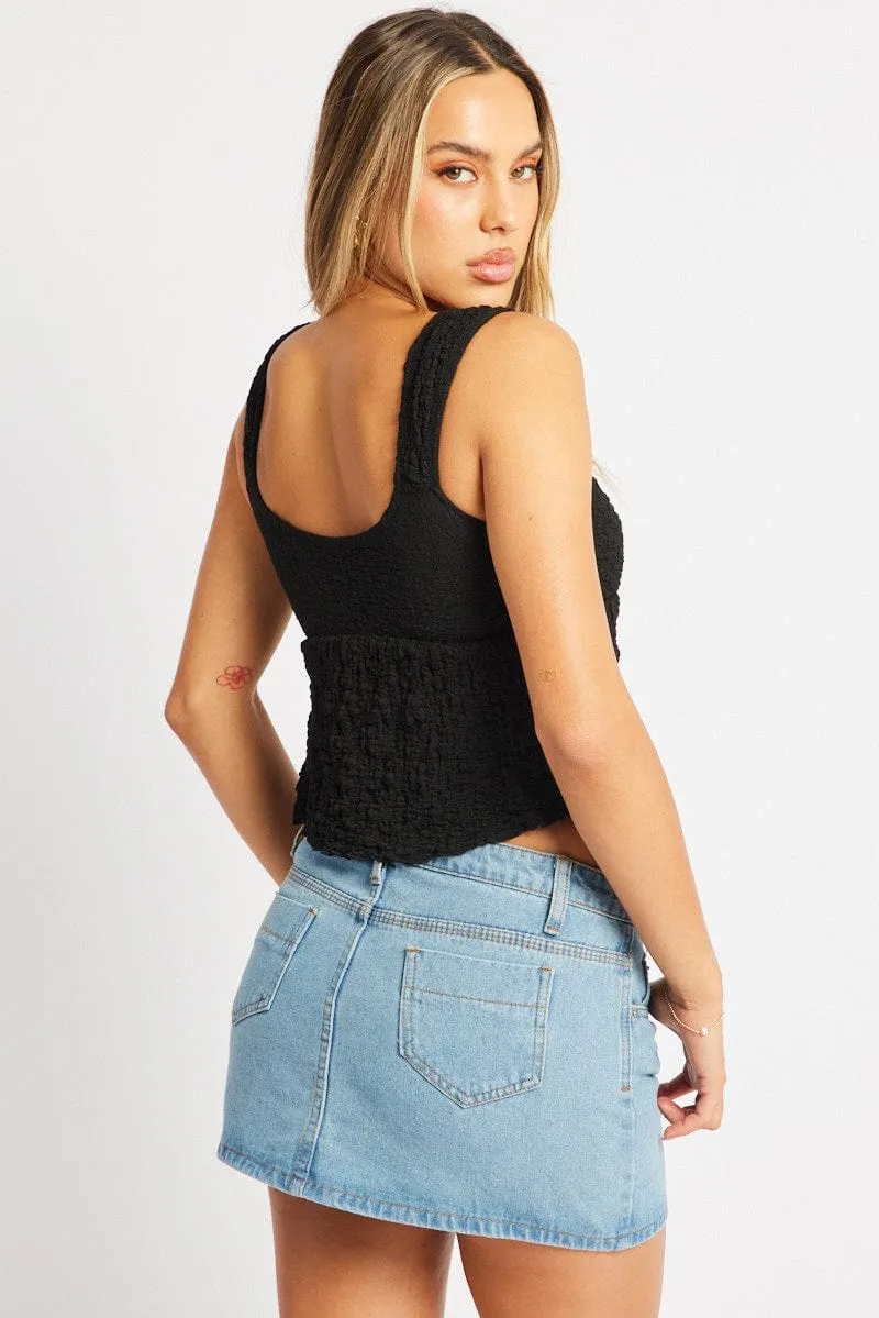 Black Tie Front Top Sleeveless Textured