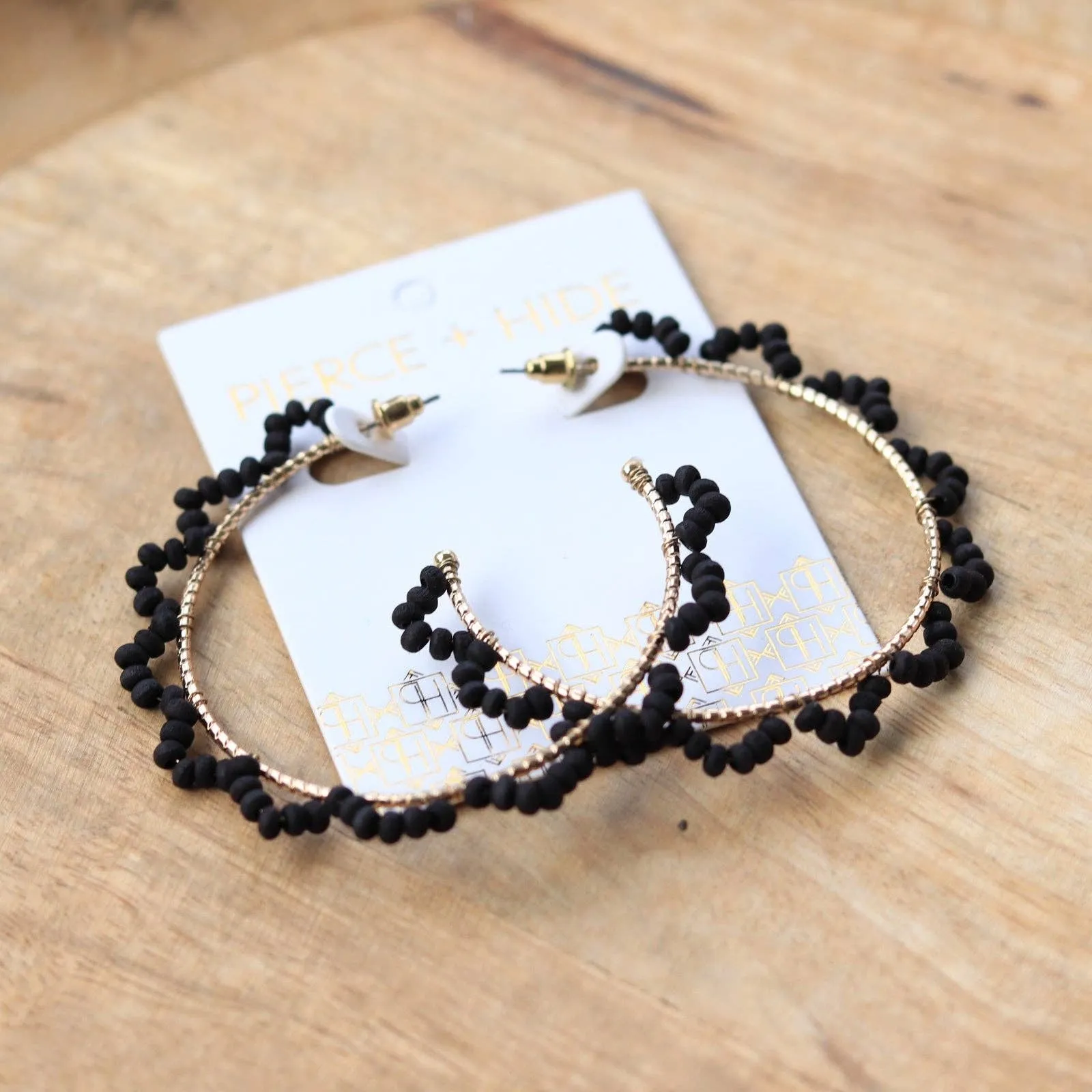 Black Wood Beaded Wrapped Hoop Earrings