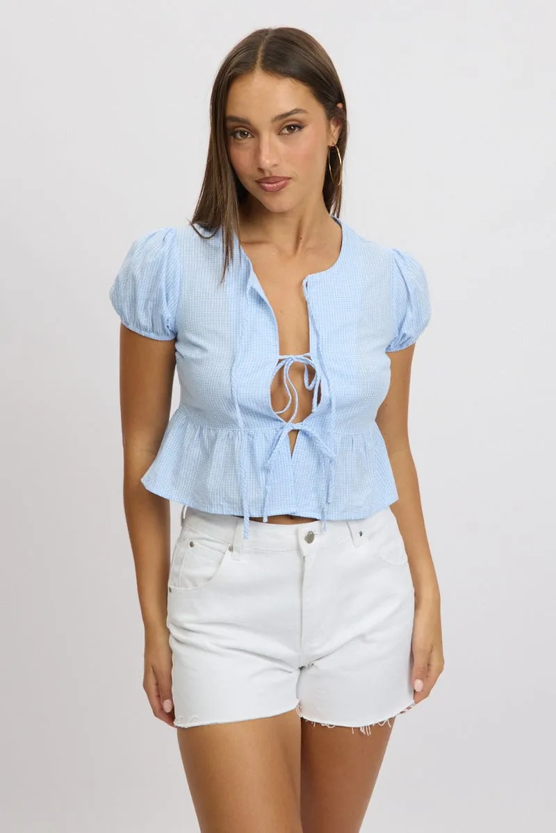 Blue Check Tie Front Top Puff Sleeve