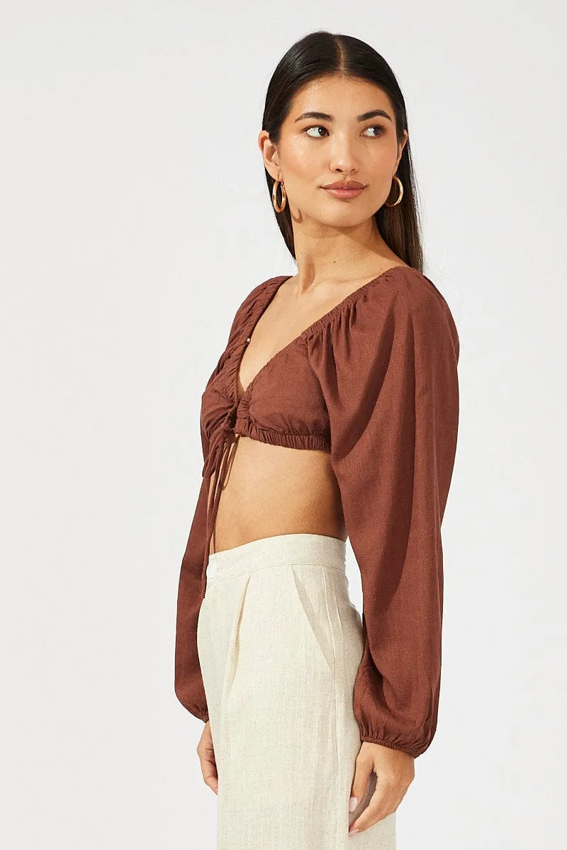 Brown Tie Crop Top Long Sleeve