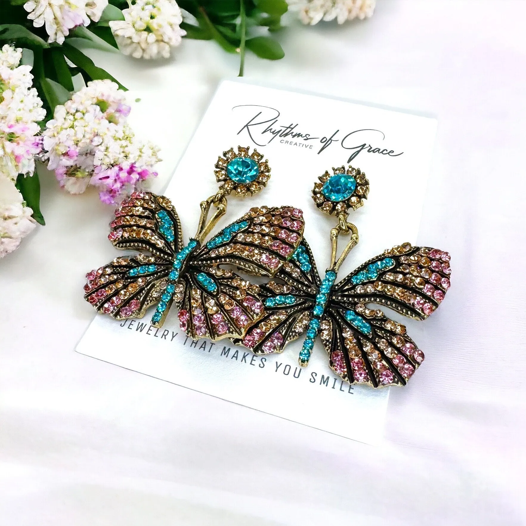 Butterfly Earrings - Easter Earrings, Rhinestone Butterfly, Butterfly Jewelry, Butterfly Accessories,  Easter Accessories, Monarch Butterfly