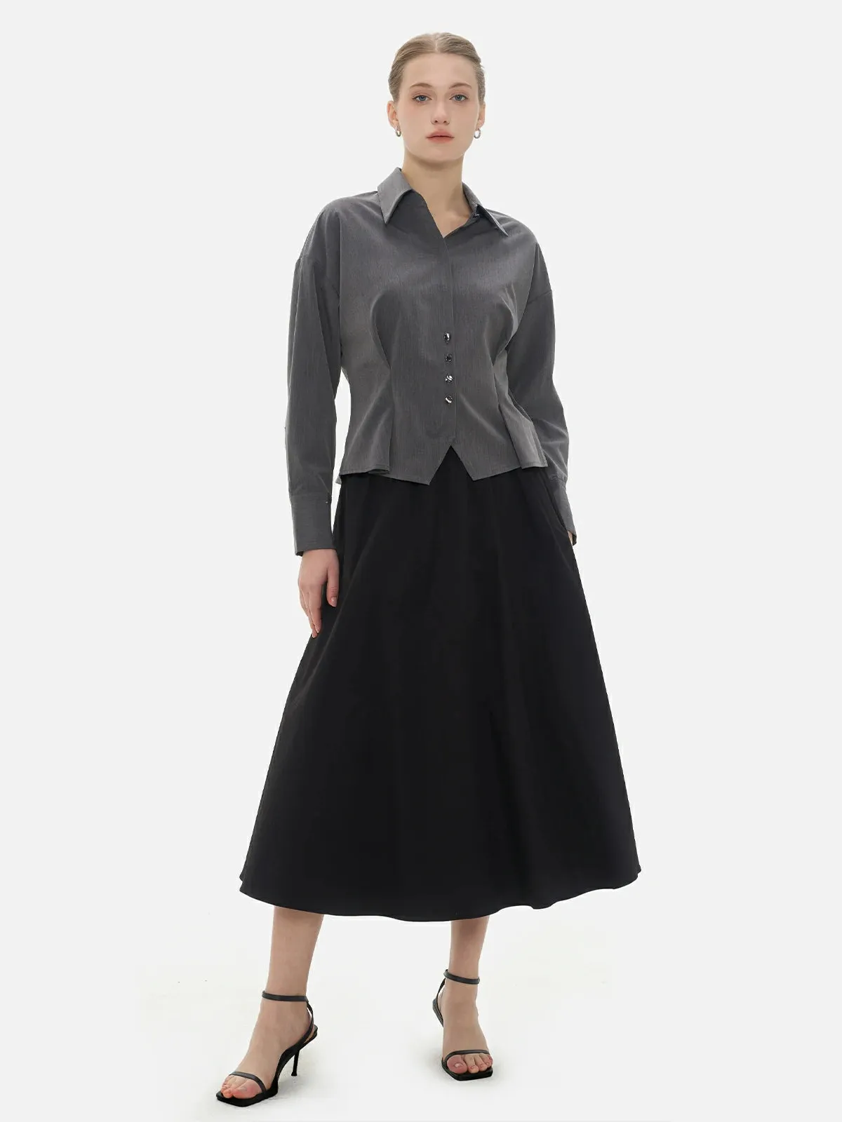 Collared Pleated Cinched Waist Shirt