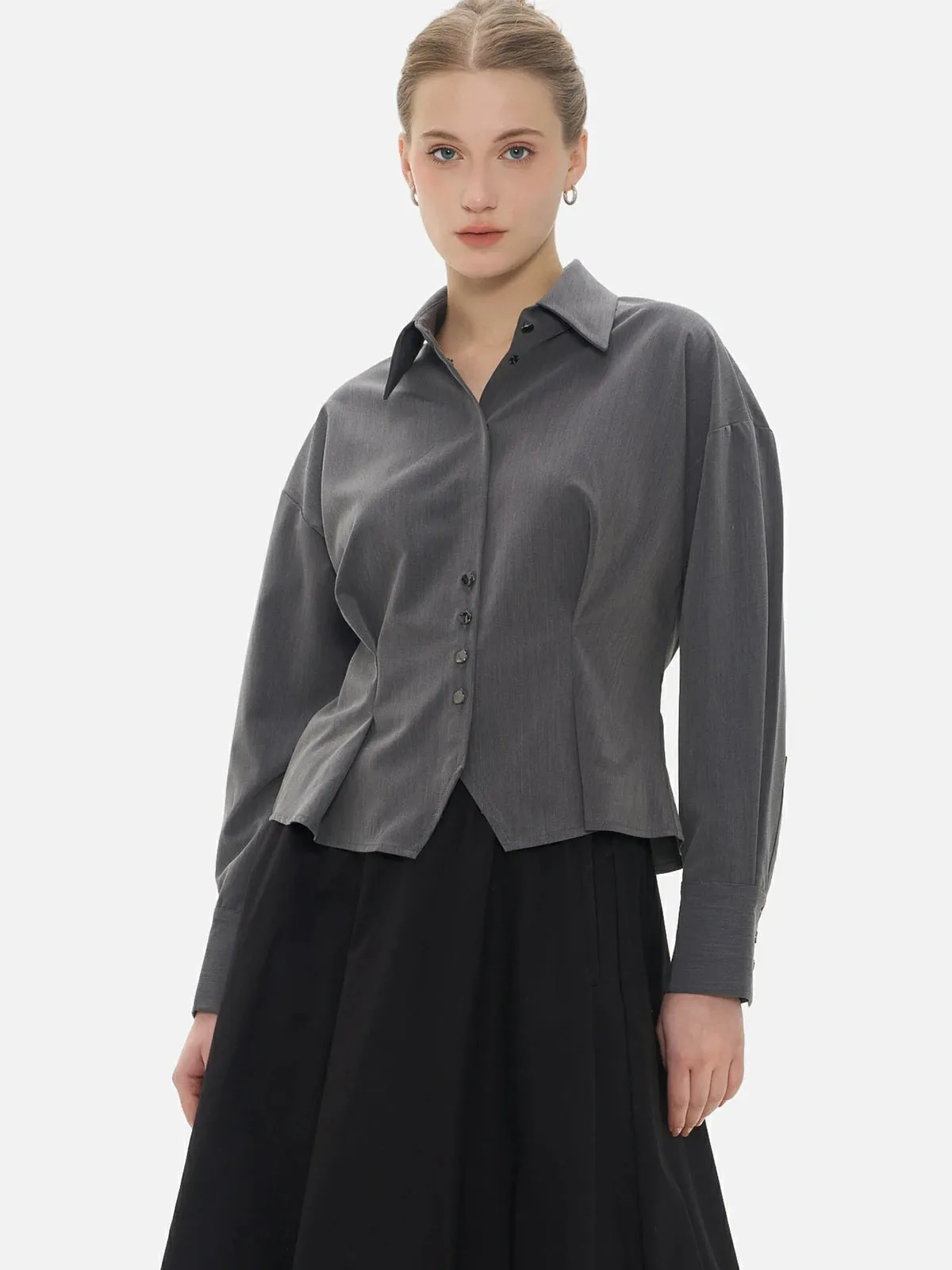 Collared Pleated Cinched Waist Shirt