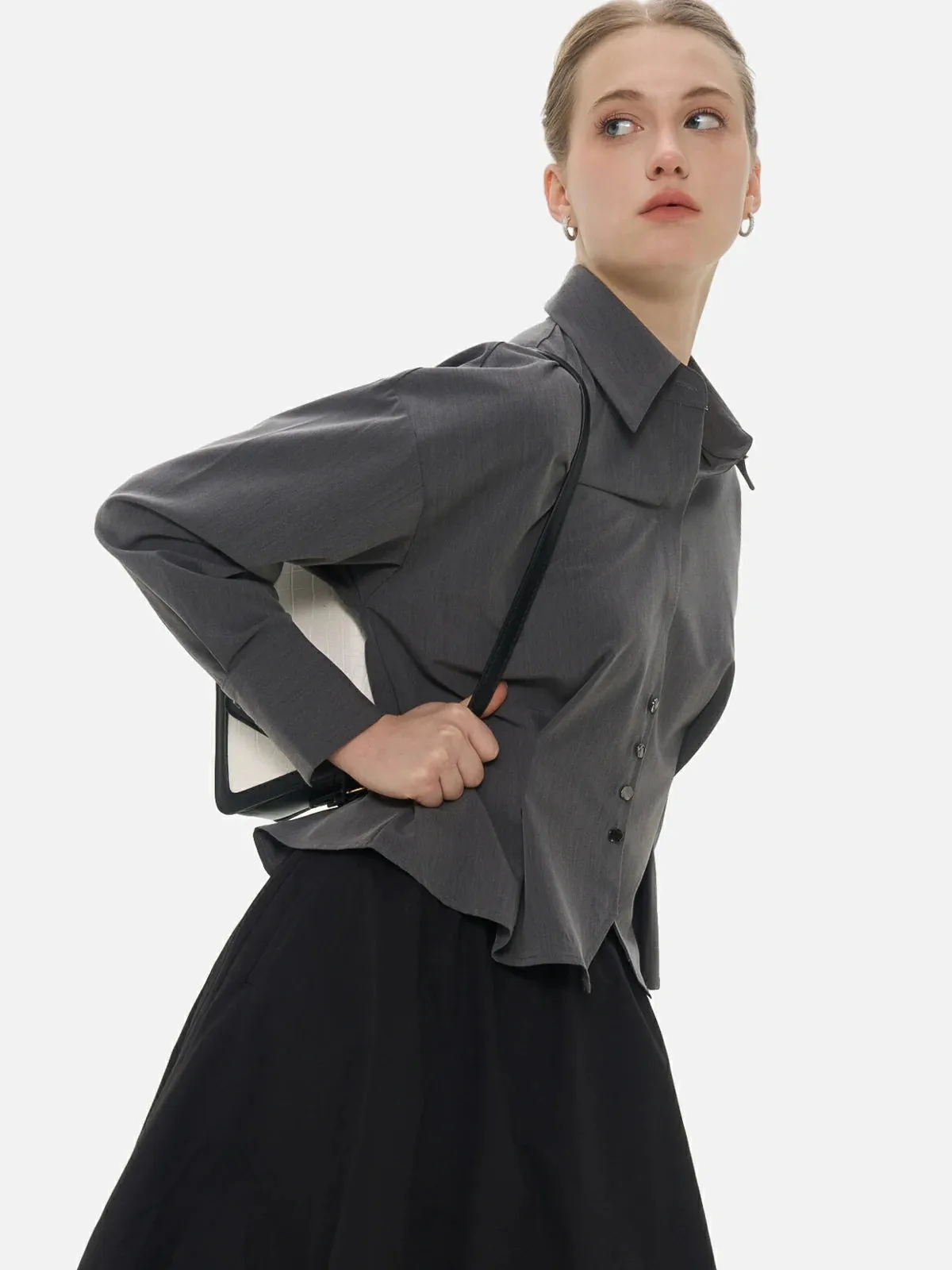 Collared Pleated Cinched Waist Shirt