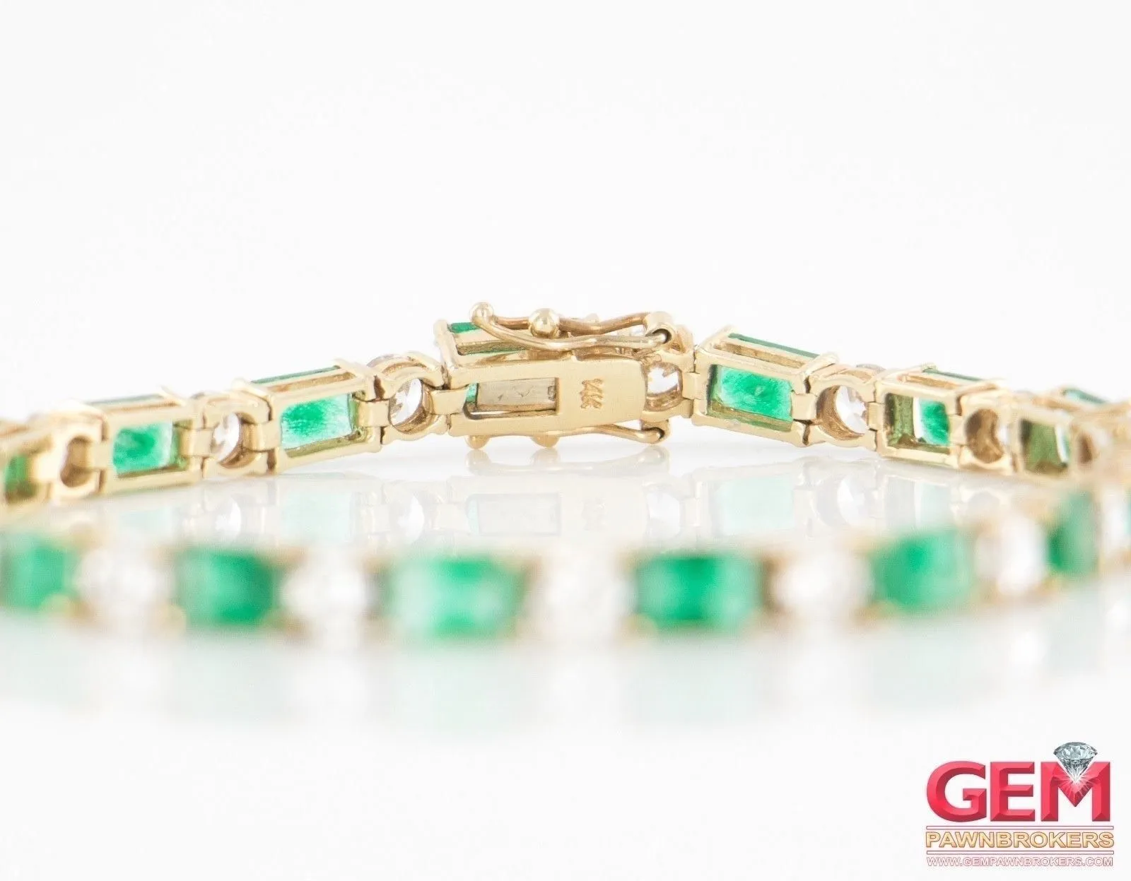 Cubic Zirconia & Emerald Cut Green Stone Tennis Bracelet 14k 585 Yellow Gold