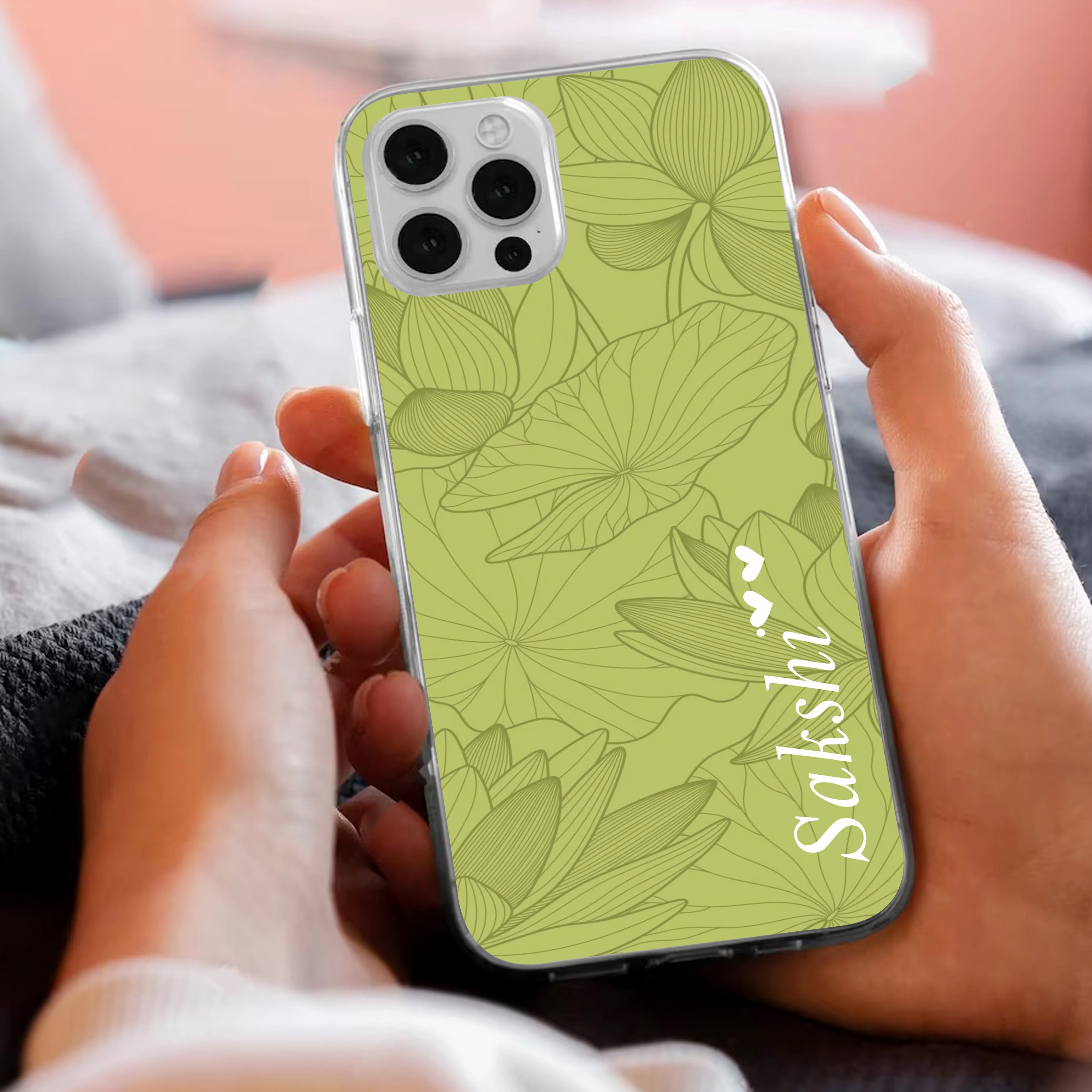 Customized luxury Mint Green leaves Transparent Silicon Case For iPhone