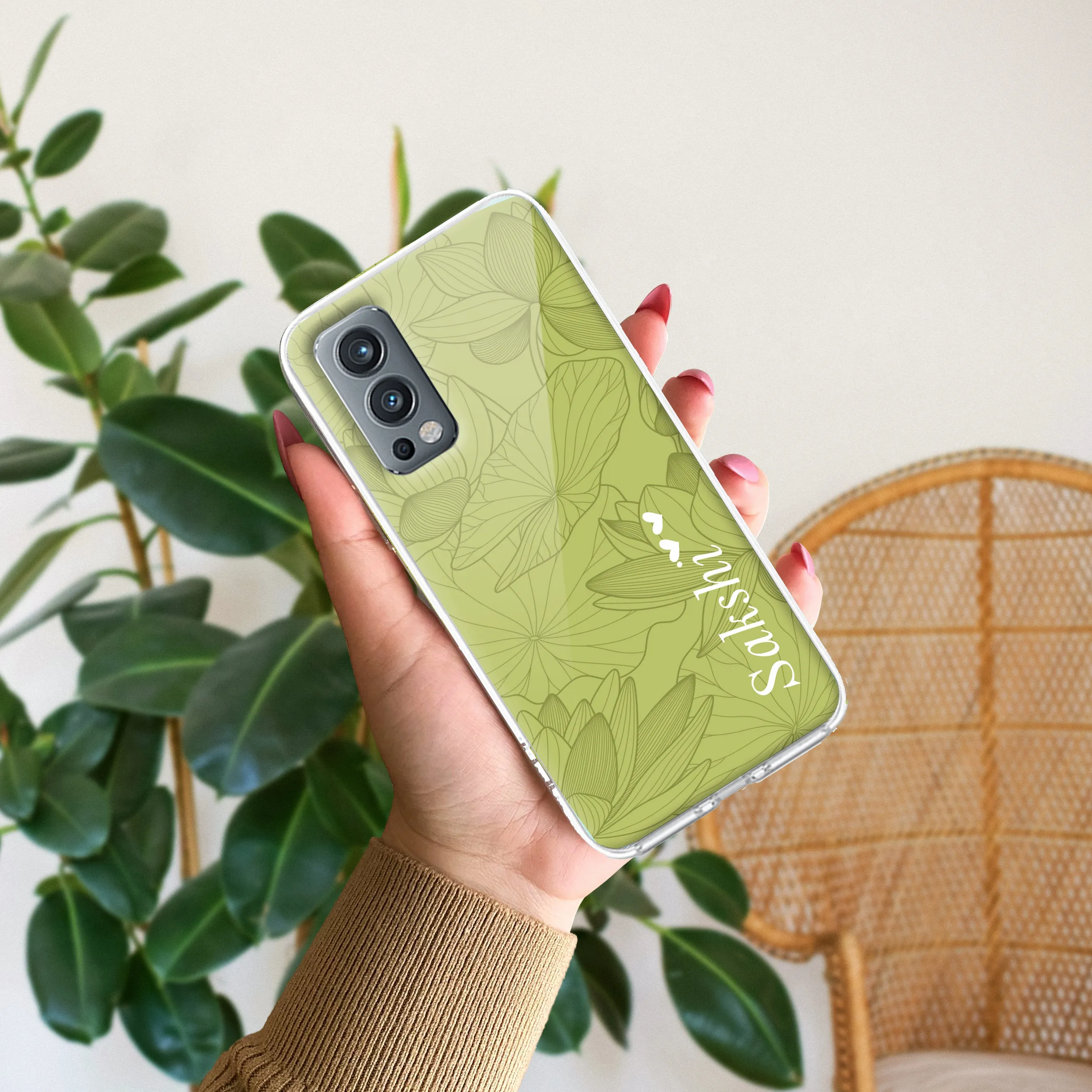 Customized luxury Mint Green leaves Transparent Silicon Case For OnePlus