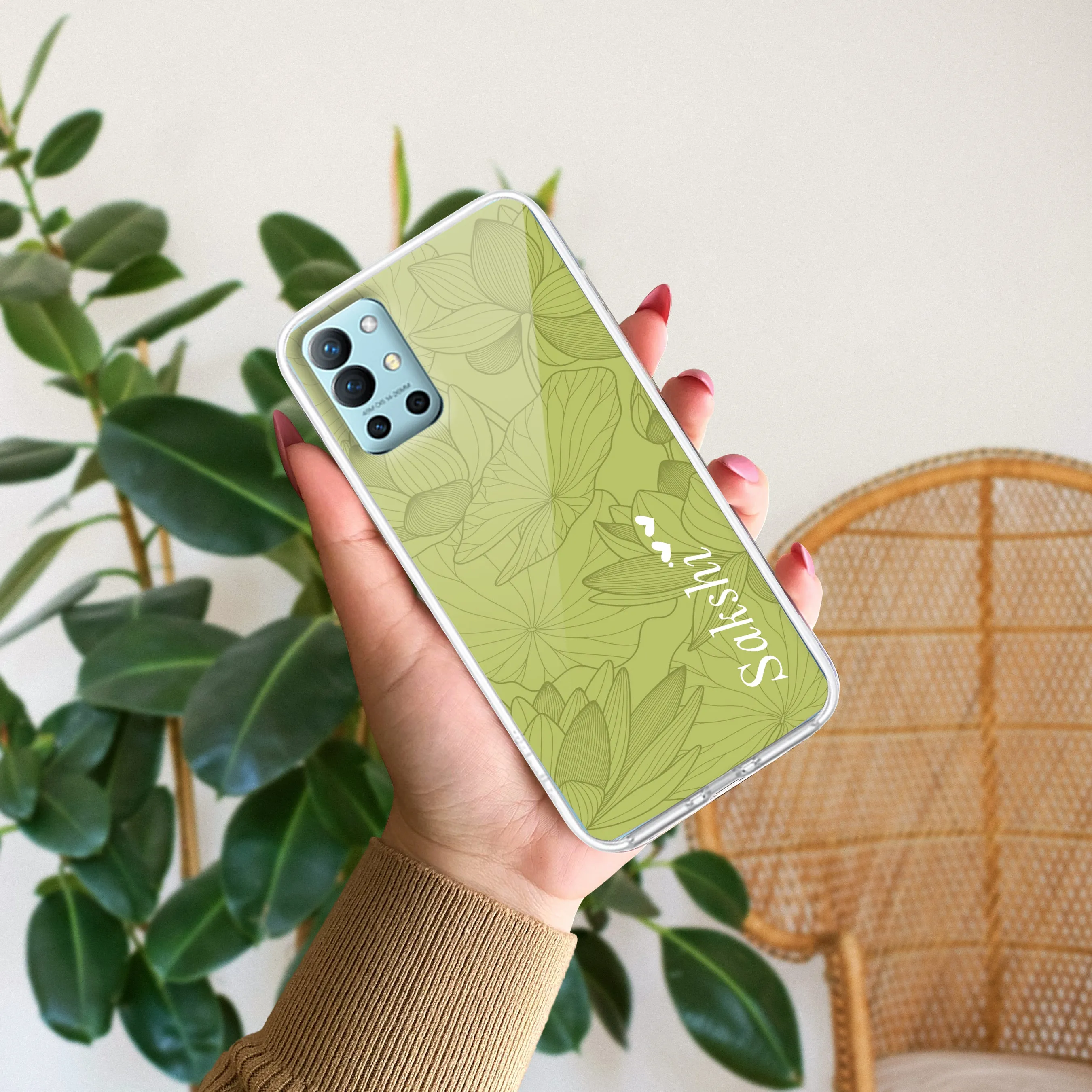 Customized luxury Mint Green leaves Transparent Silicon Case For OnePlus