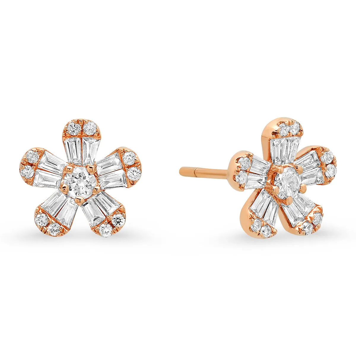 Diamond Baguette Flower Stud Earrings