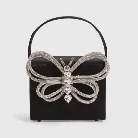 Elegant Butterfly Rhinestone Embellished Box Clutch Bag - Black