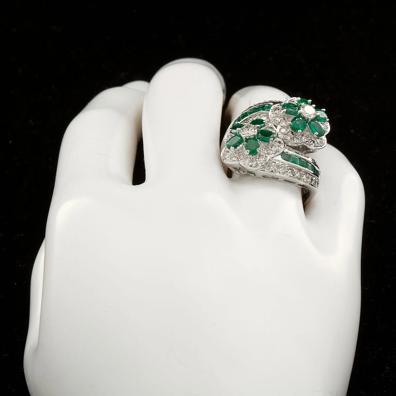 Emerald Diamond Twin Flower Ring, 9.00 Carat