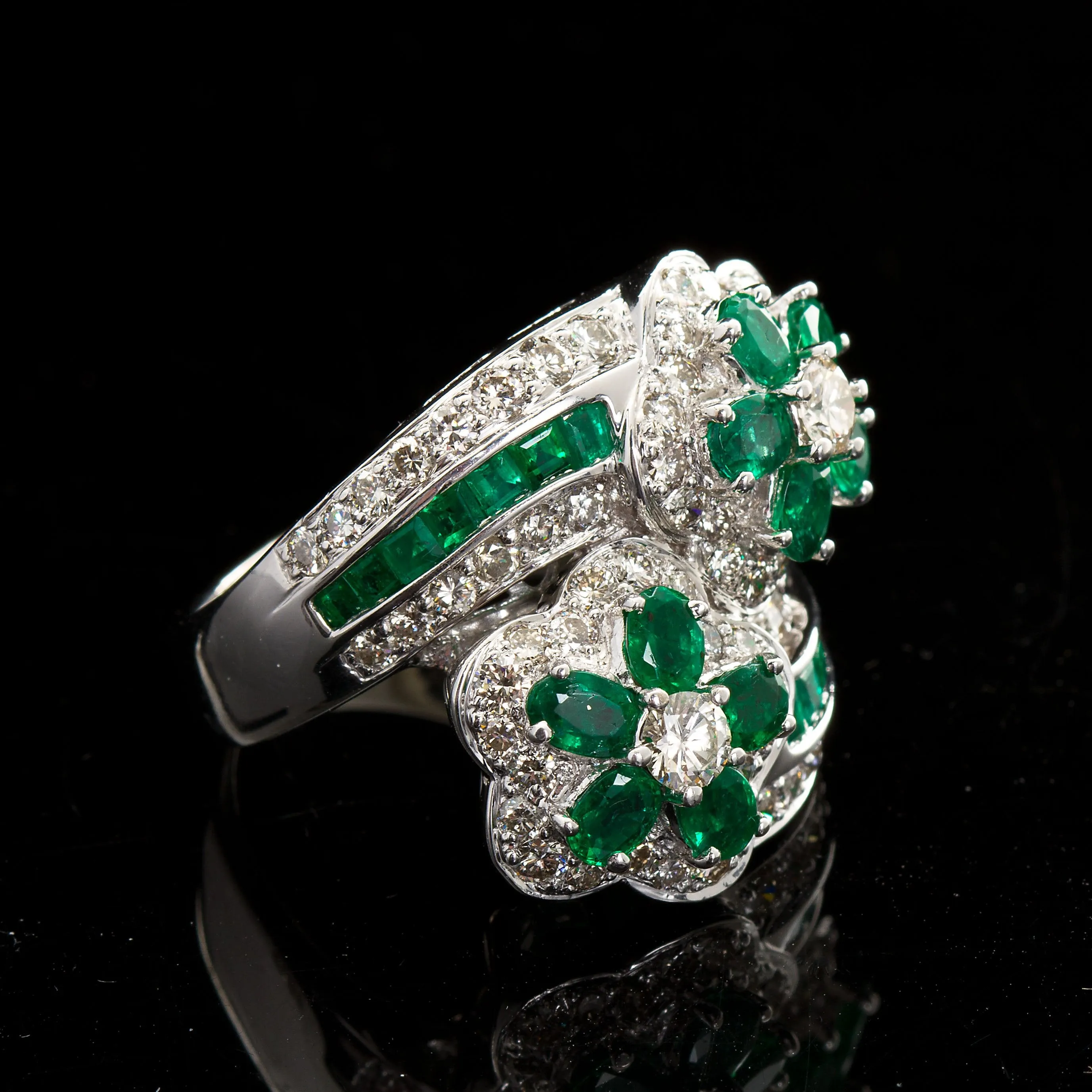 Emerald Diamond Twin Flower Ring, 9.00 Carat