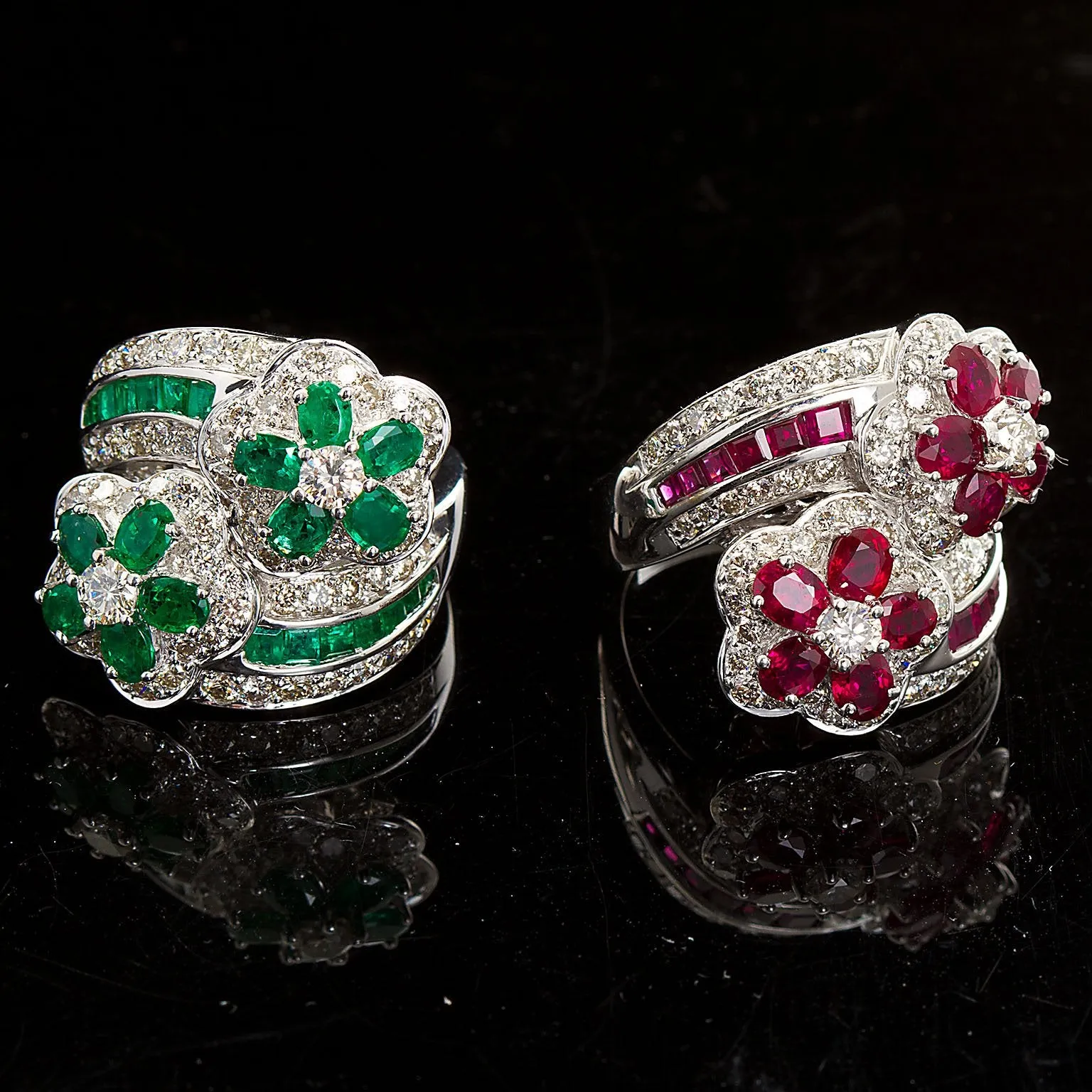 Emerald Diamond Twin Flower Ring, 9.00 Carat