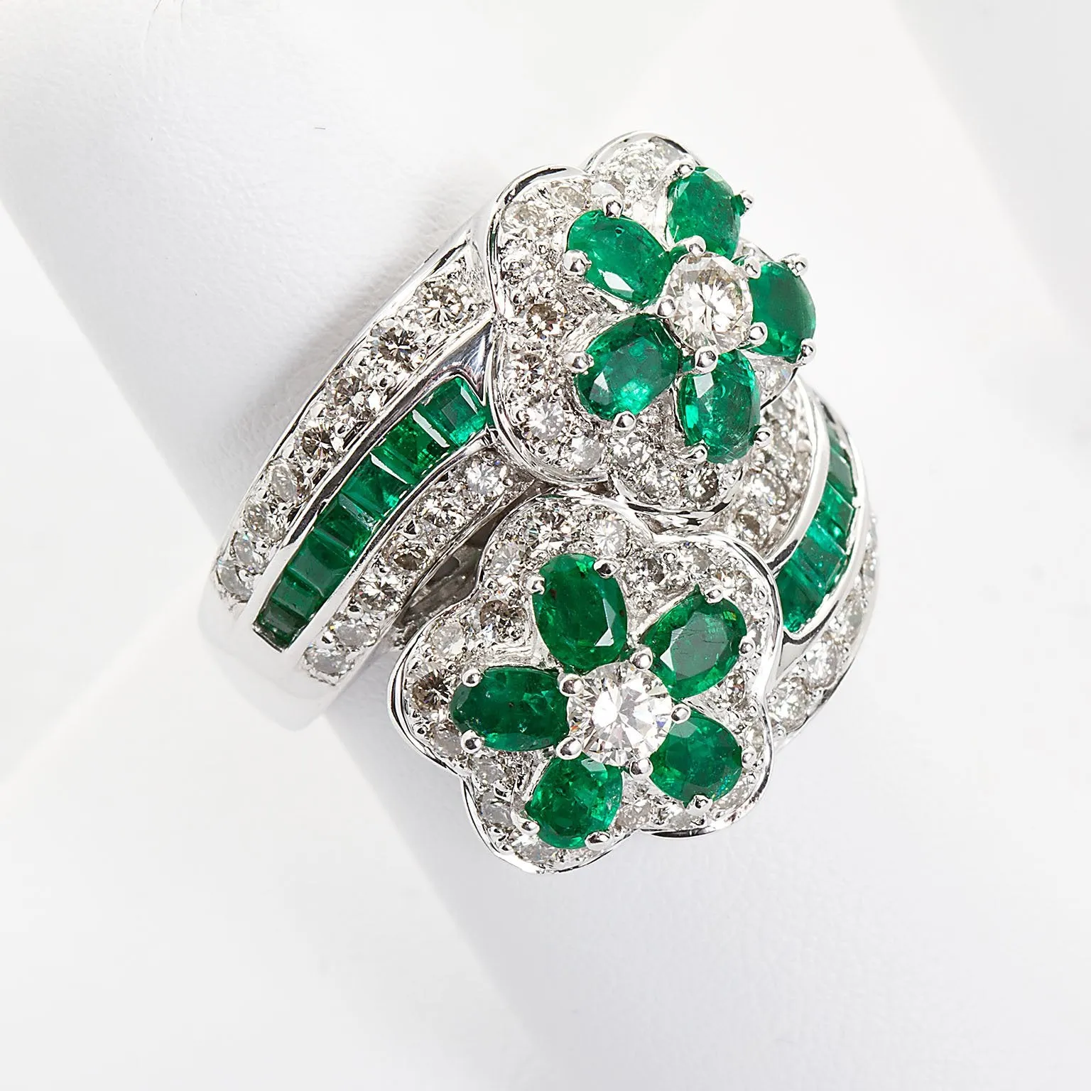 Emerald Diamond Twin Flower Ring, 9.00 Carat