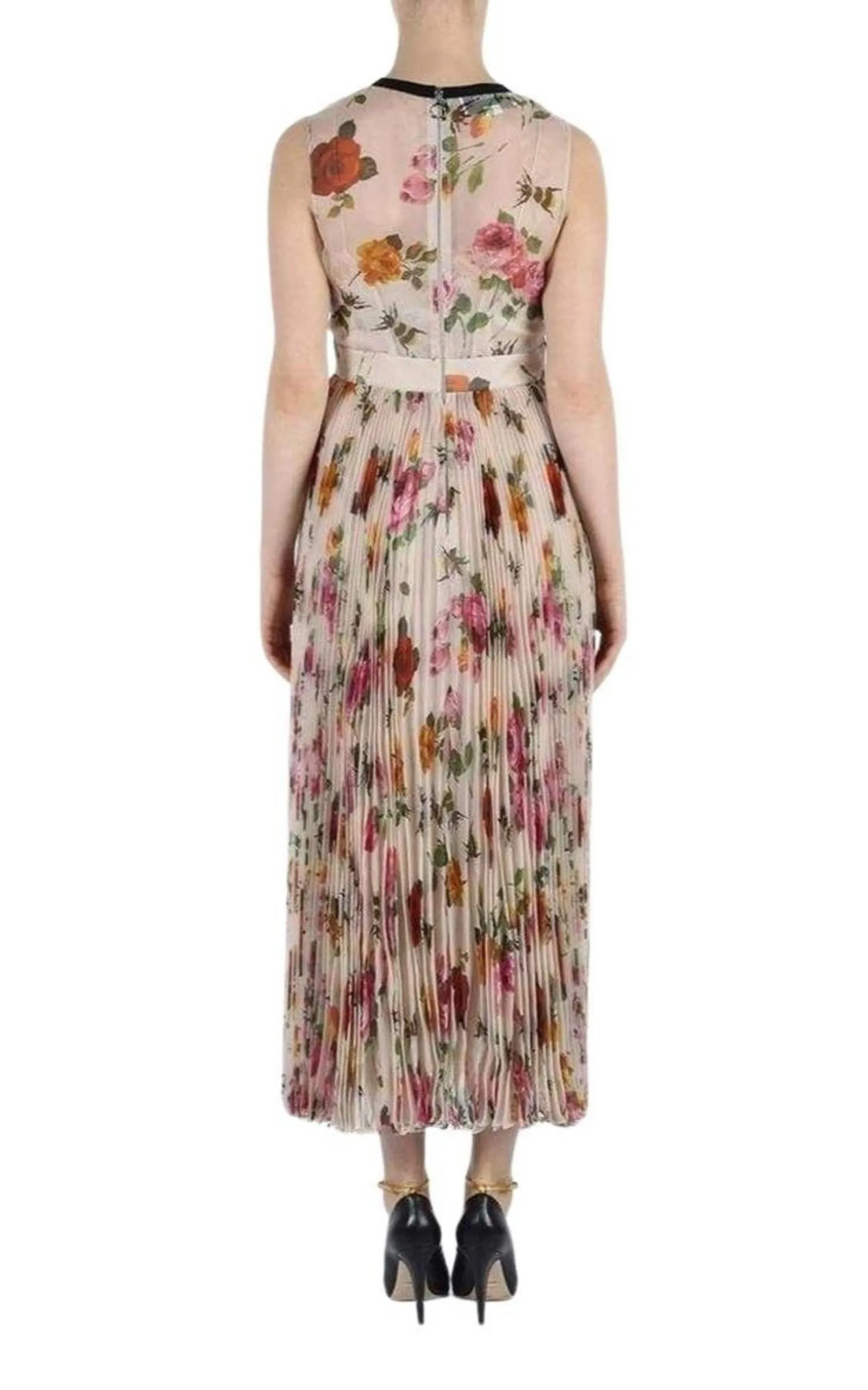 Floral Patterned Pleated Silk Dress