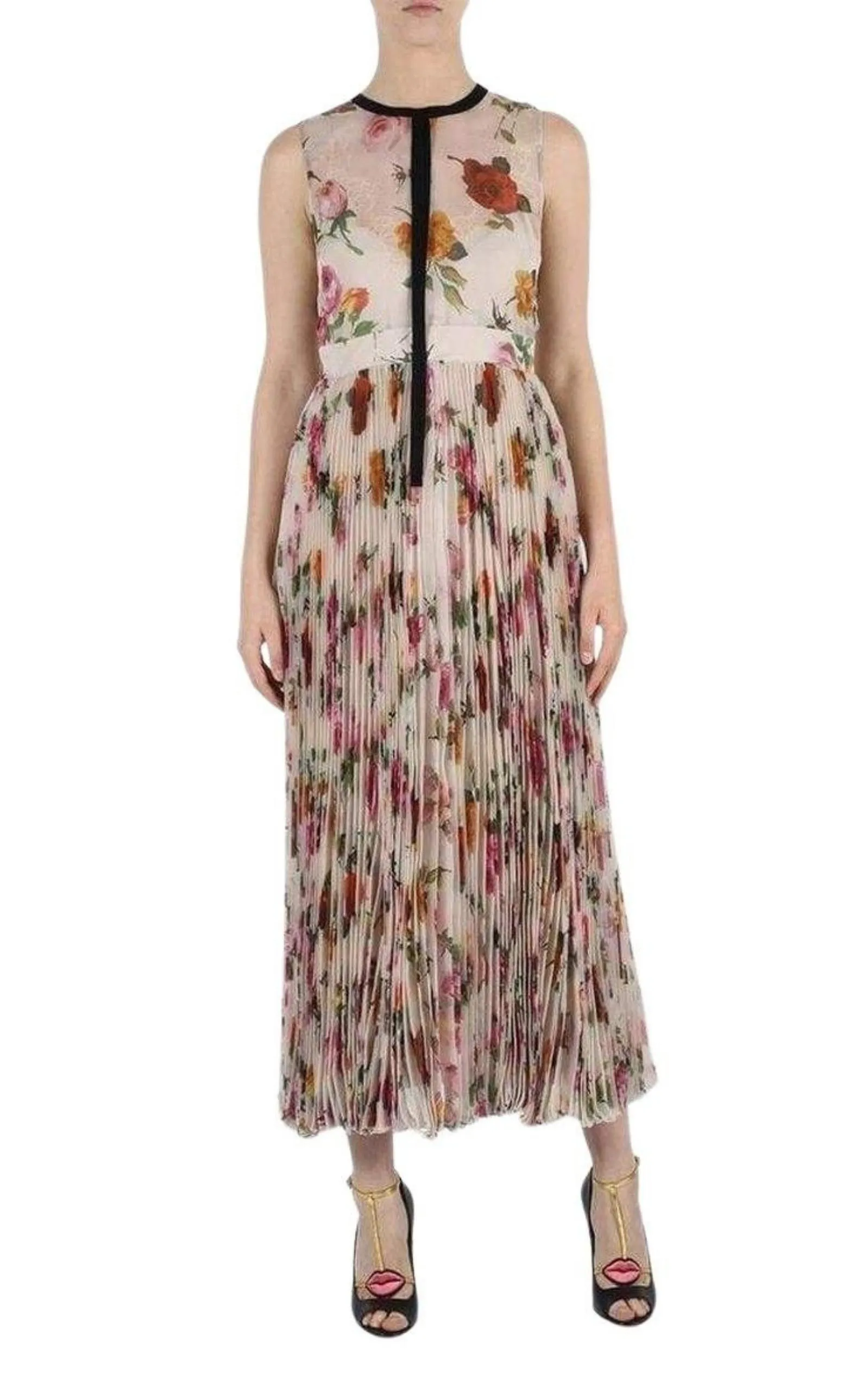 Floral Patterned Pleated Silk Dress