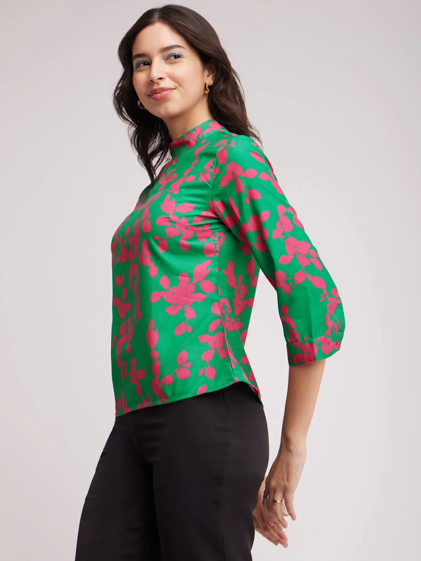 Floral Slit Detail Top - Green And Fuchsia