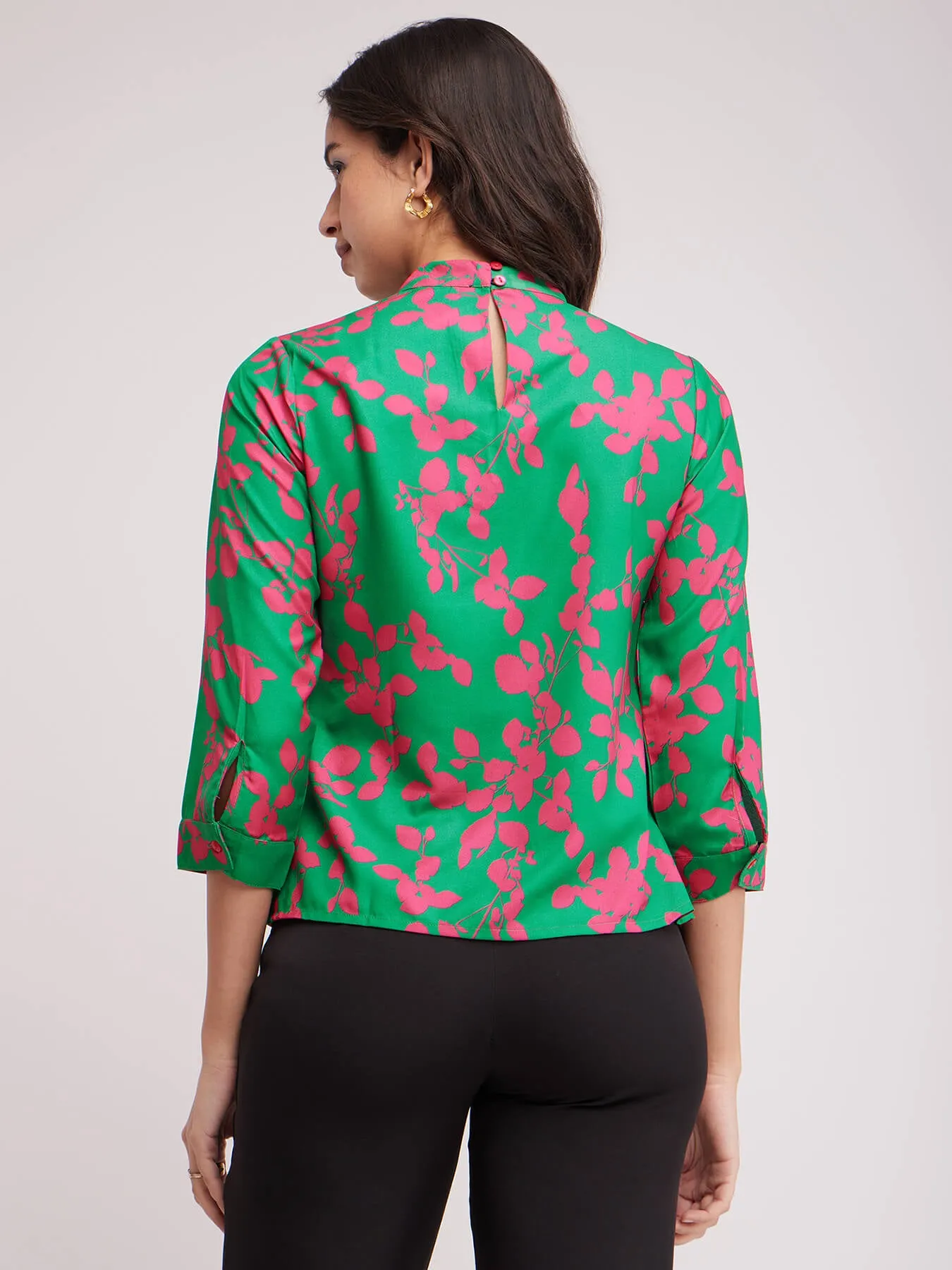 Floral Slit Detail Top - Green And Fuchsia