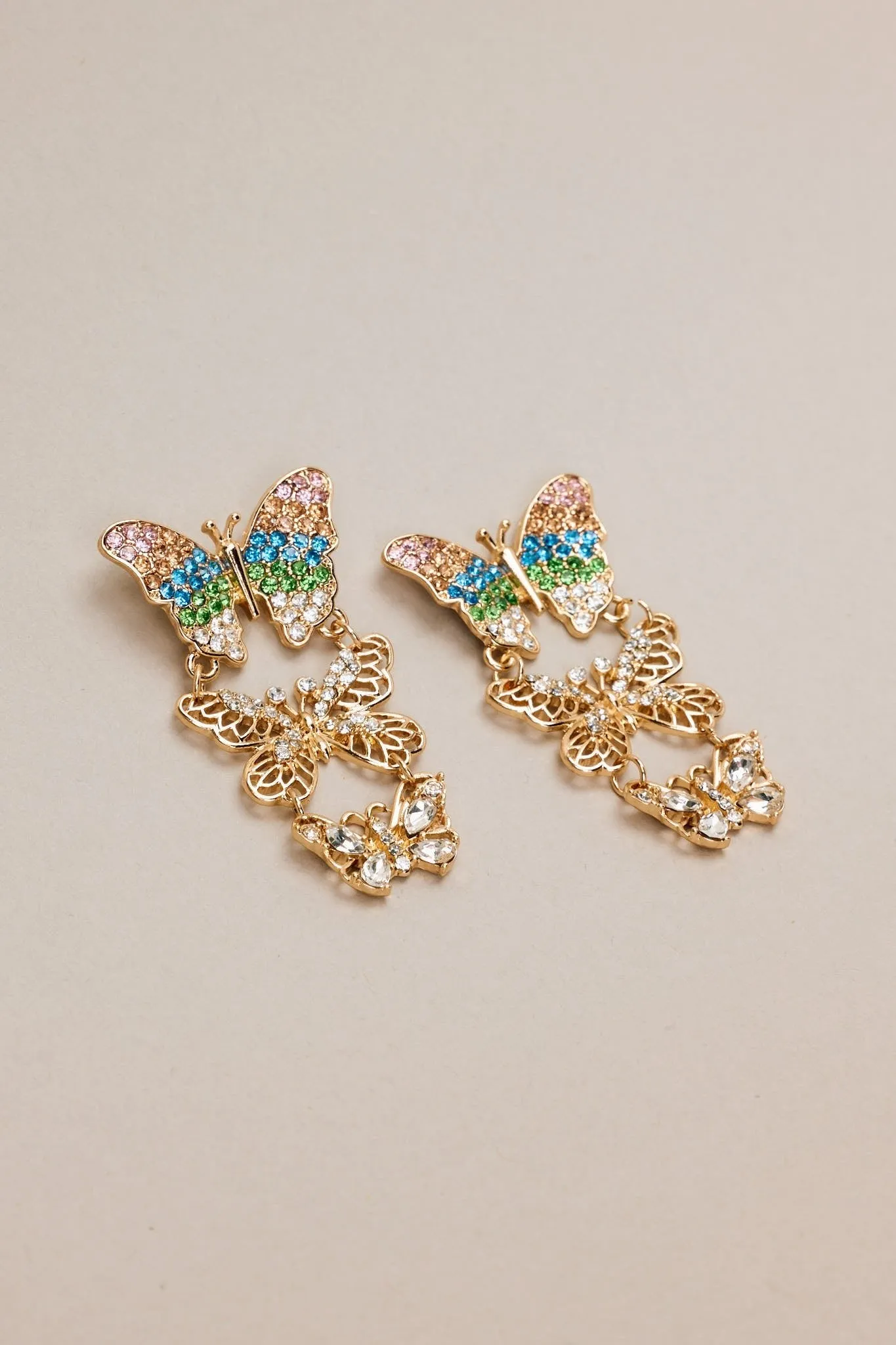 Garden Serenade Gold Multi Butterfly Drop Earrings