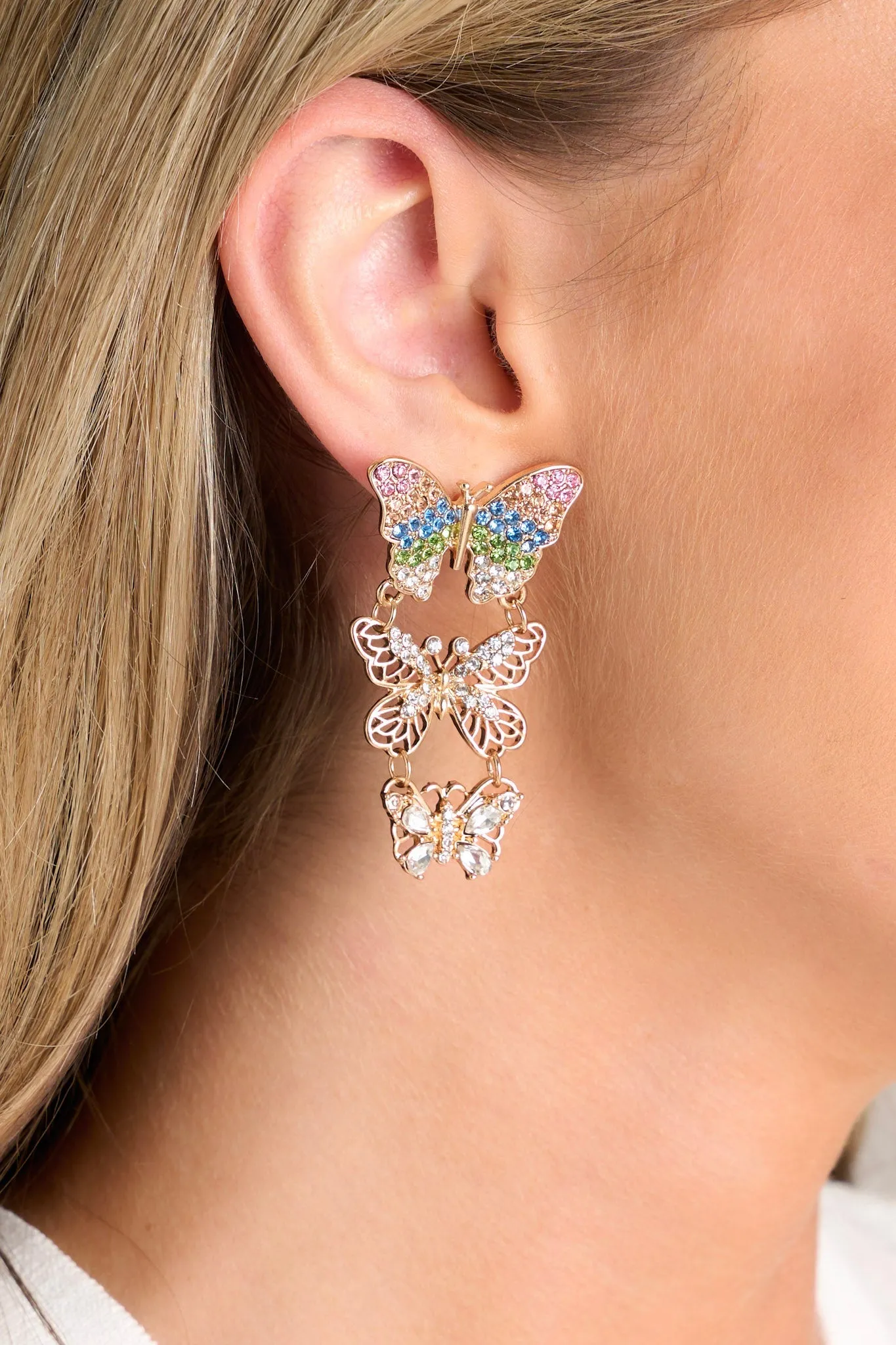 Garden Serenade Gold Multi Butterfly Drop Earrings