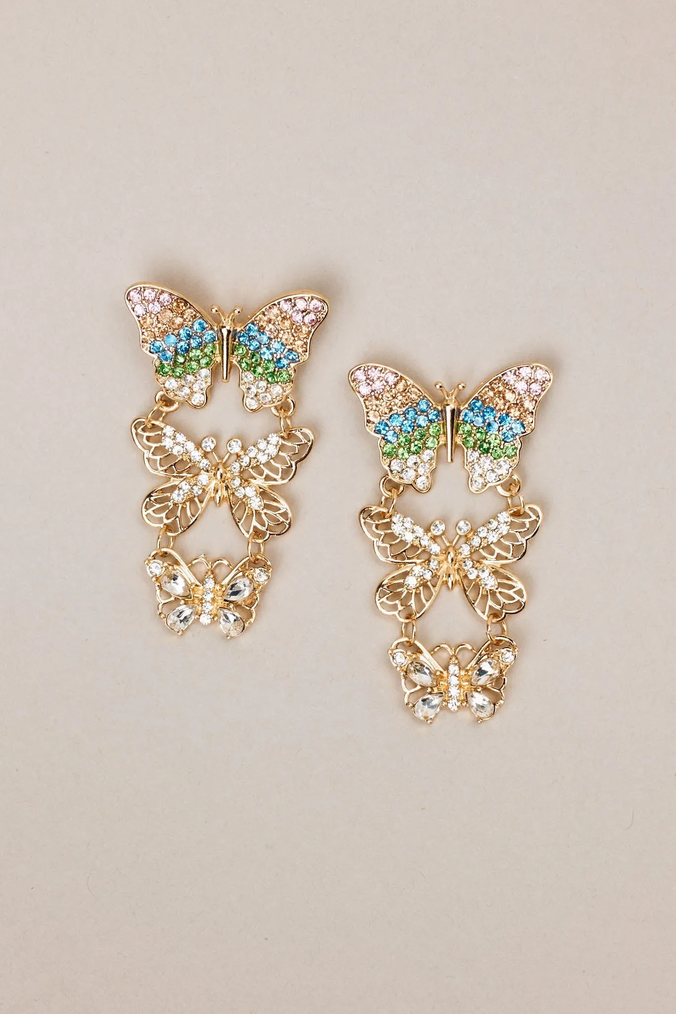 Garden Serenade Gold Multi Butterfly Drop Earrings