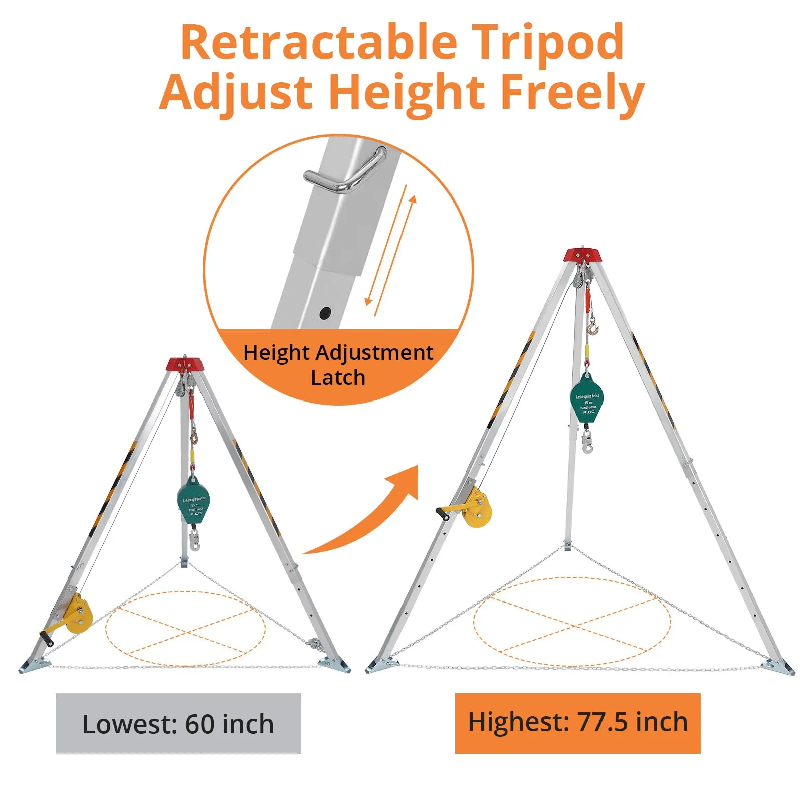 GARVEE Confined Space Tripod Kit with 1200 LBS Lifting Winch and Fall Arrester, Sewer Rescue Tripod with Safety Self-Locking Device