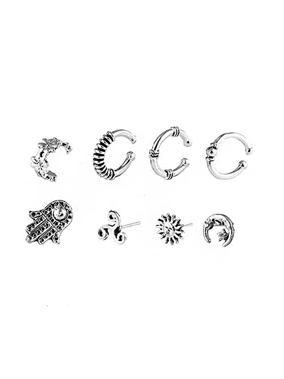 Kairangi Ear Cuffs for Women Combo of 8 Pcs Earcuffs Women's Oxidised Silver Bohemian Mismatch Fashion Ear Stud Earrings For Women and Girls