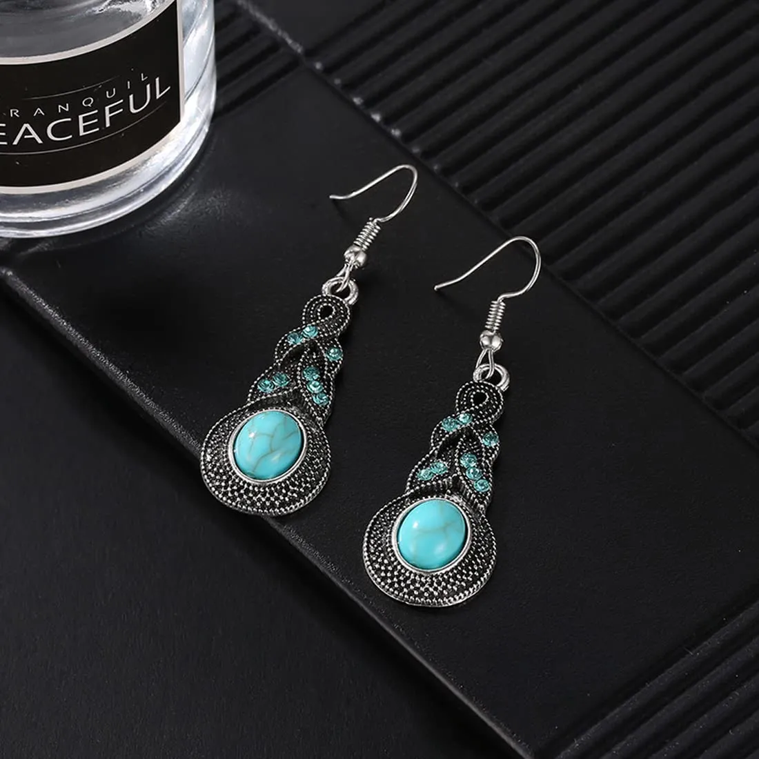 Kairangi Earrings for Women and Girls | Bohemian Style Blue Stone Silver Oxidised Drop Earring | German Silver Earring | Round Drop Earrings | Birthday Gift for girls & women Anniversary Gift for Wife