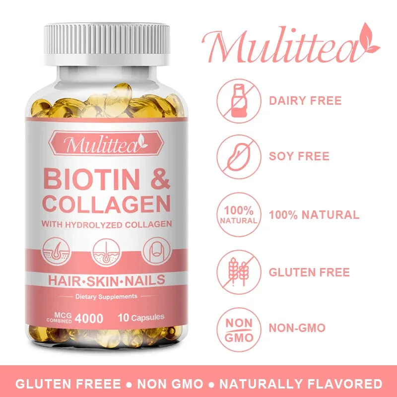 Mulittea Biotin with Collagen Supplement Protein for Nails Shiny Hair Glowing Smooth Skin Collagen Capsules Hyaluronic Acid