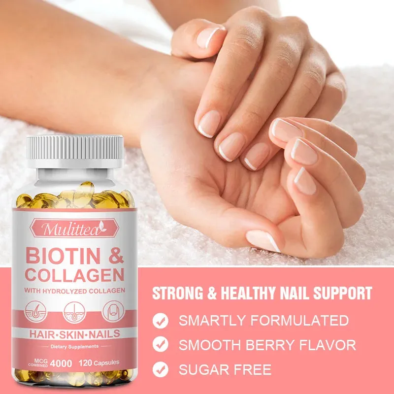 Mulittea Biotin with Collagen Supplement Protein for Nails Shiny Hair Glowing Smooth Skin Collagen Capsules Hyaluronic Acid