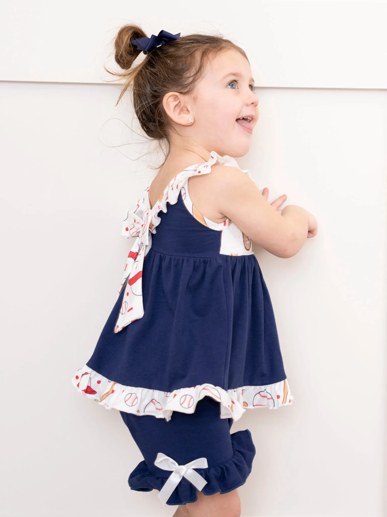 Navy & White Smocked Baseball Ruffle Outfit