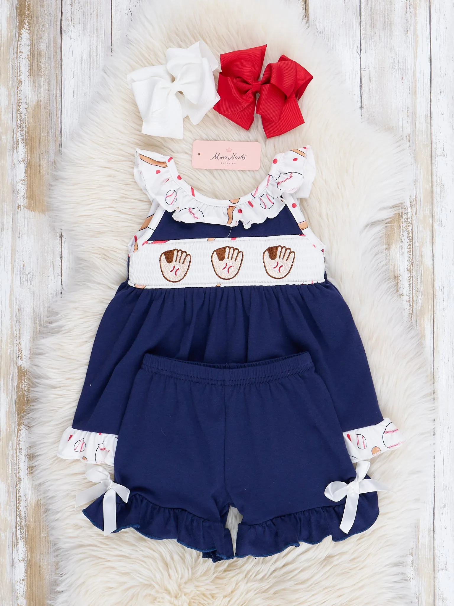 Navy & White Smocked Baseball Ruffle Outfit