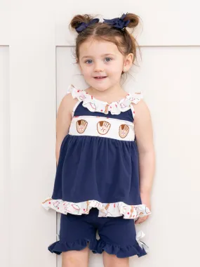 Navy & White Smocked Baseball Ruffle Outfit