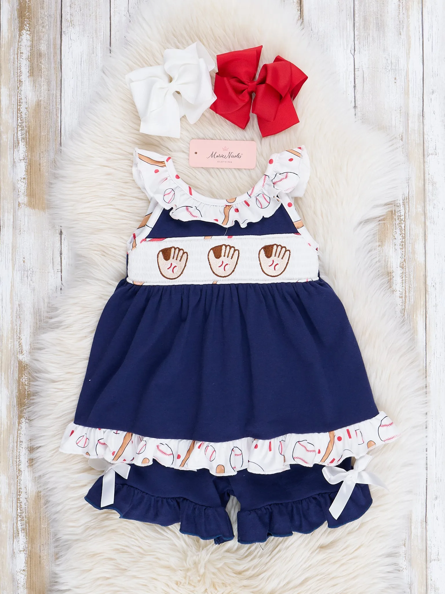 Navy & White Smocked Baseball Ruffle Outfit