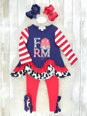 Navy Farm Cow Print Ruffle Top & Red Bottoms Outfit