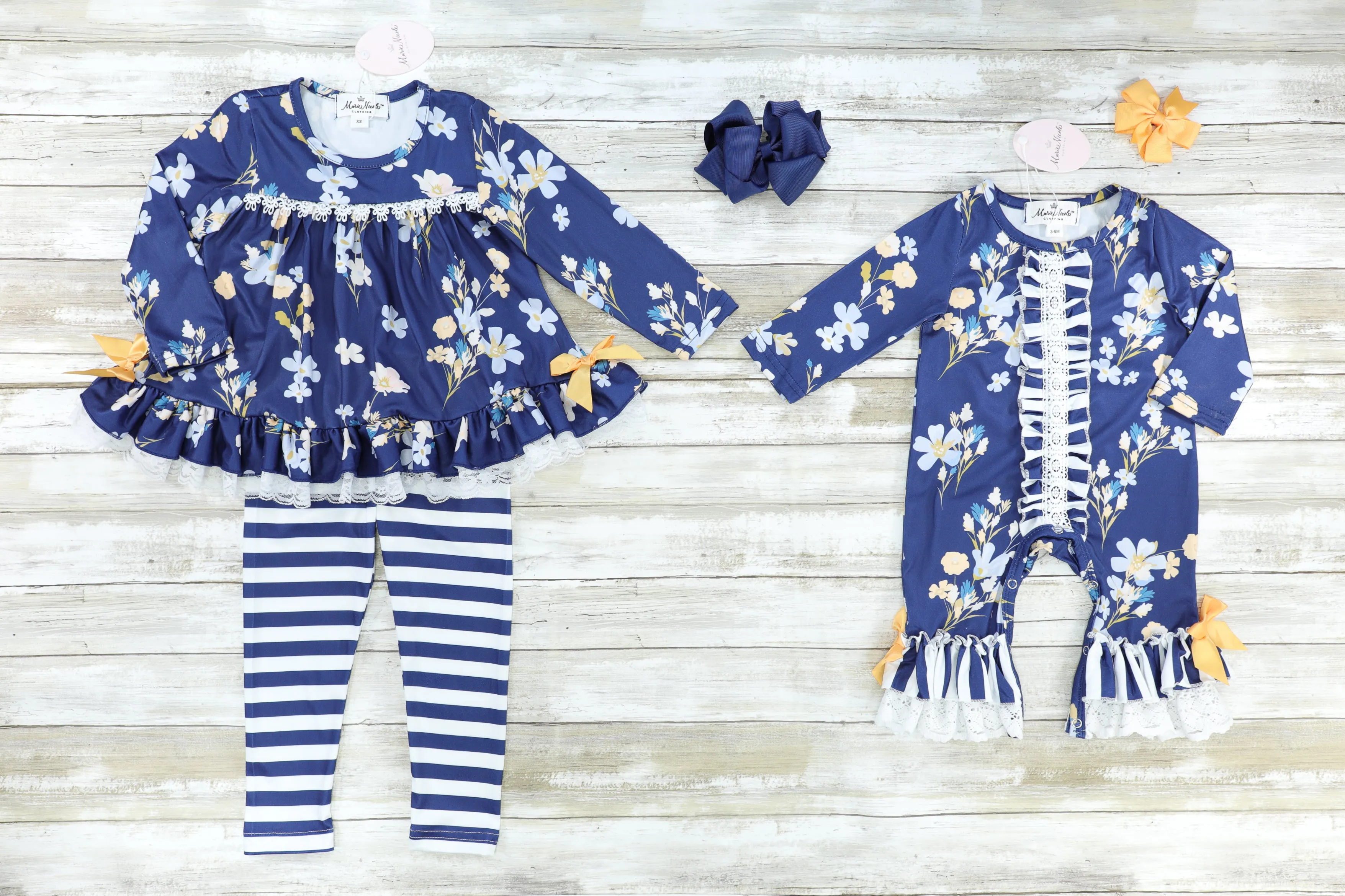 Navy Floral Lace Ruffle Tunic & Striped Bottoms Outfit