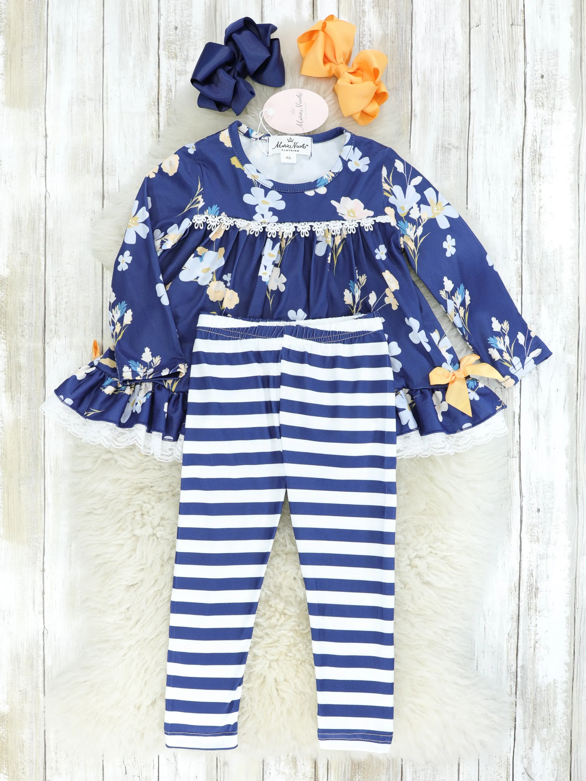 Navy Floral Lace Ruffle Tunic & Striped Bottoms Outfit