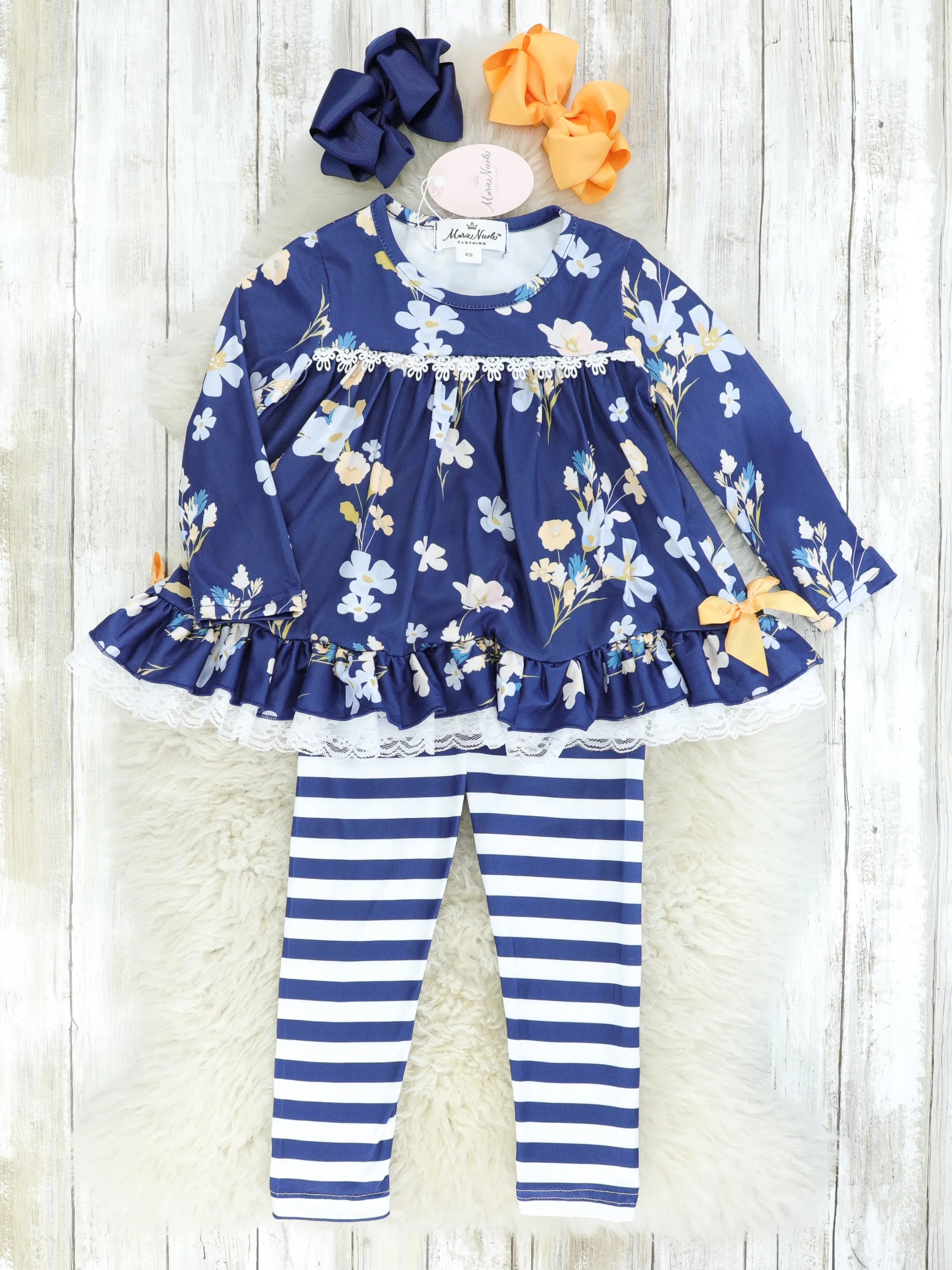 Navy Floral Lace Ruffle Tunic & Striped Bottoms Outfit