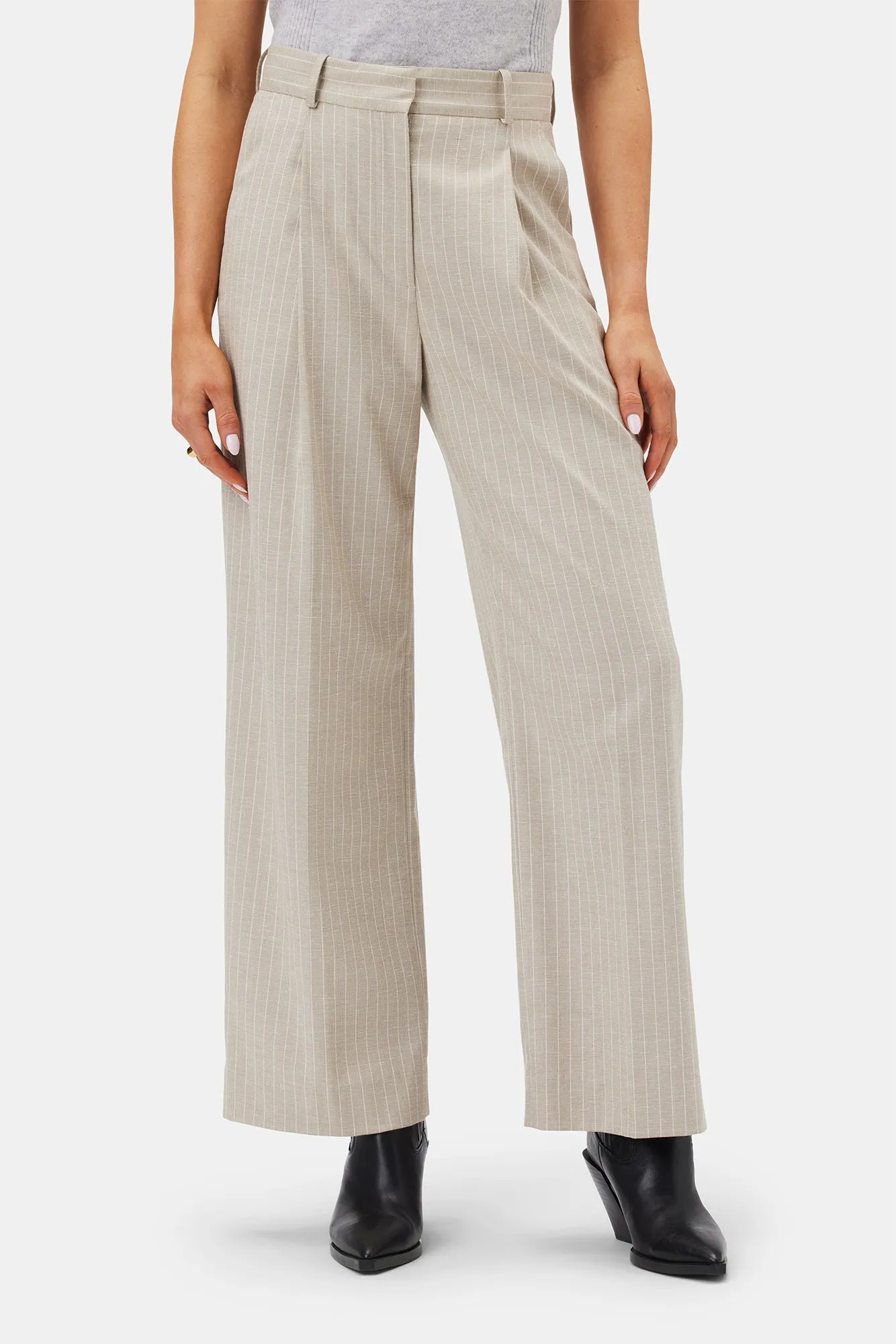 Pleated Wide Leg Trouser - San Diego Stripe Natural