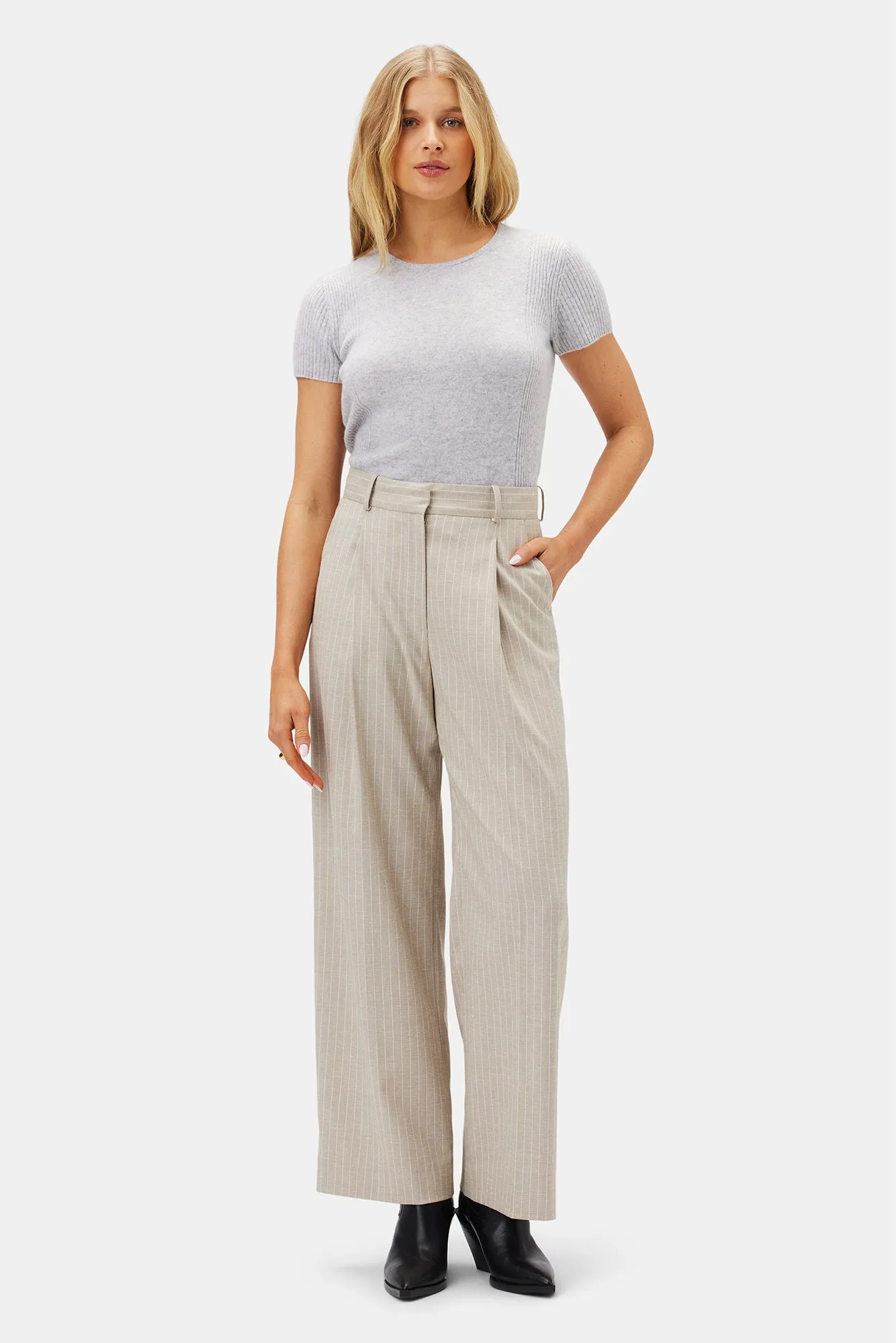 Pleated Wide Leg Trouser - San Diego Stripe Natural