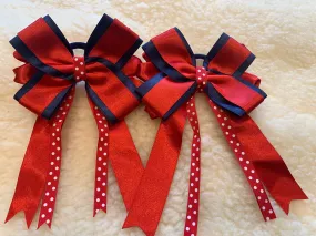 Red, Navy and white dot bows - with tails- 5”