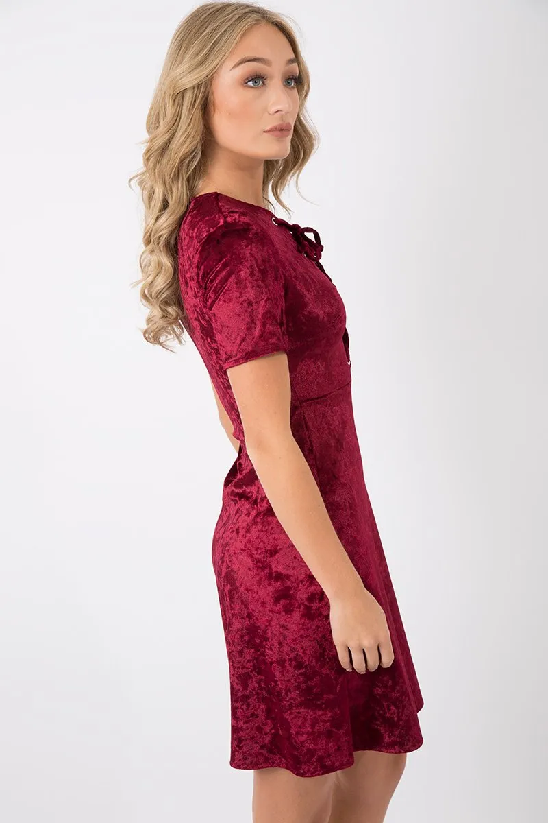 Wine Velvet Lace Up Skater Dress - Taylah